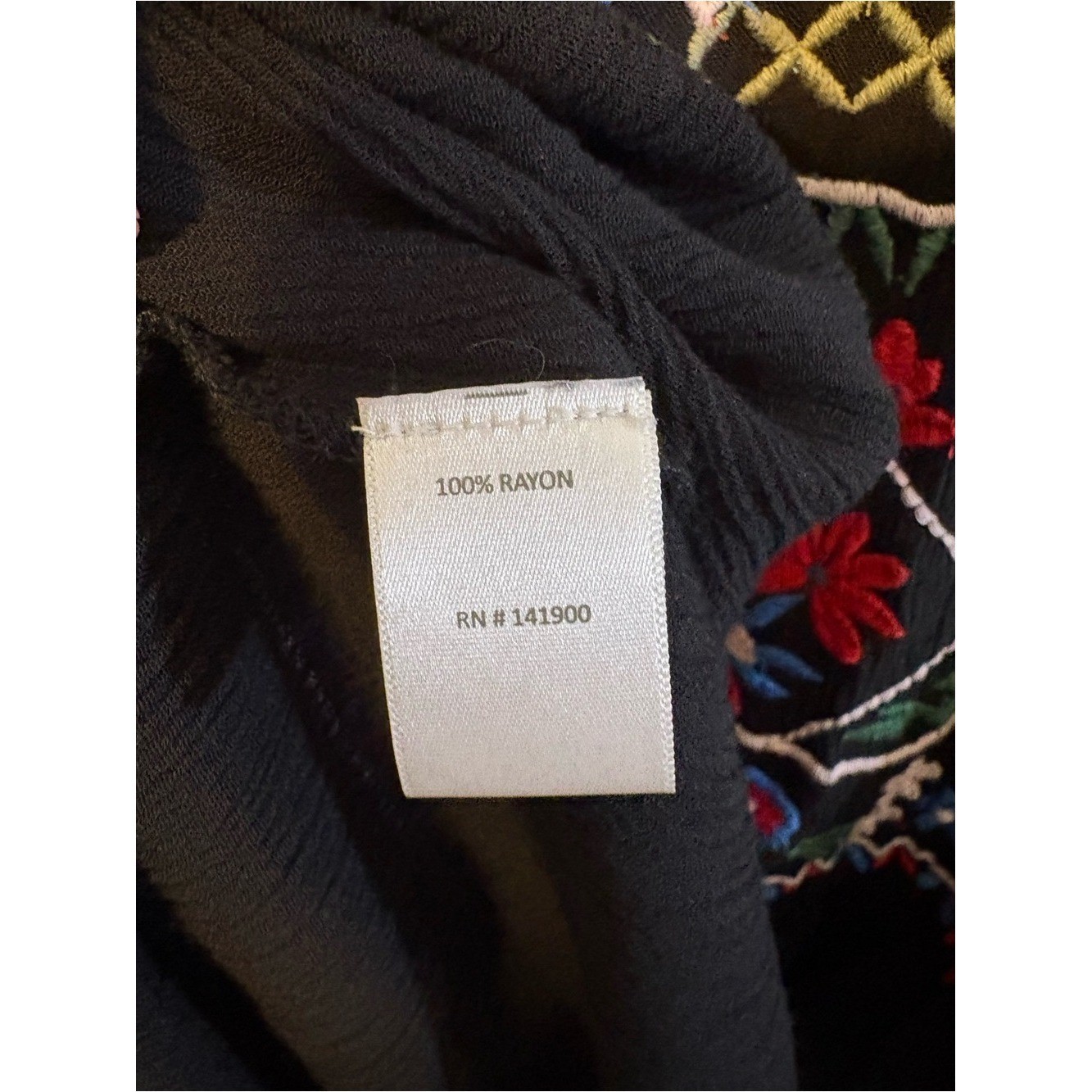 Velzera Embroidered Boho Peasant Dress Black Floral Rayon Size 2X