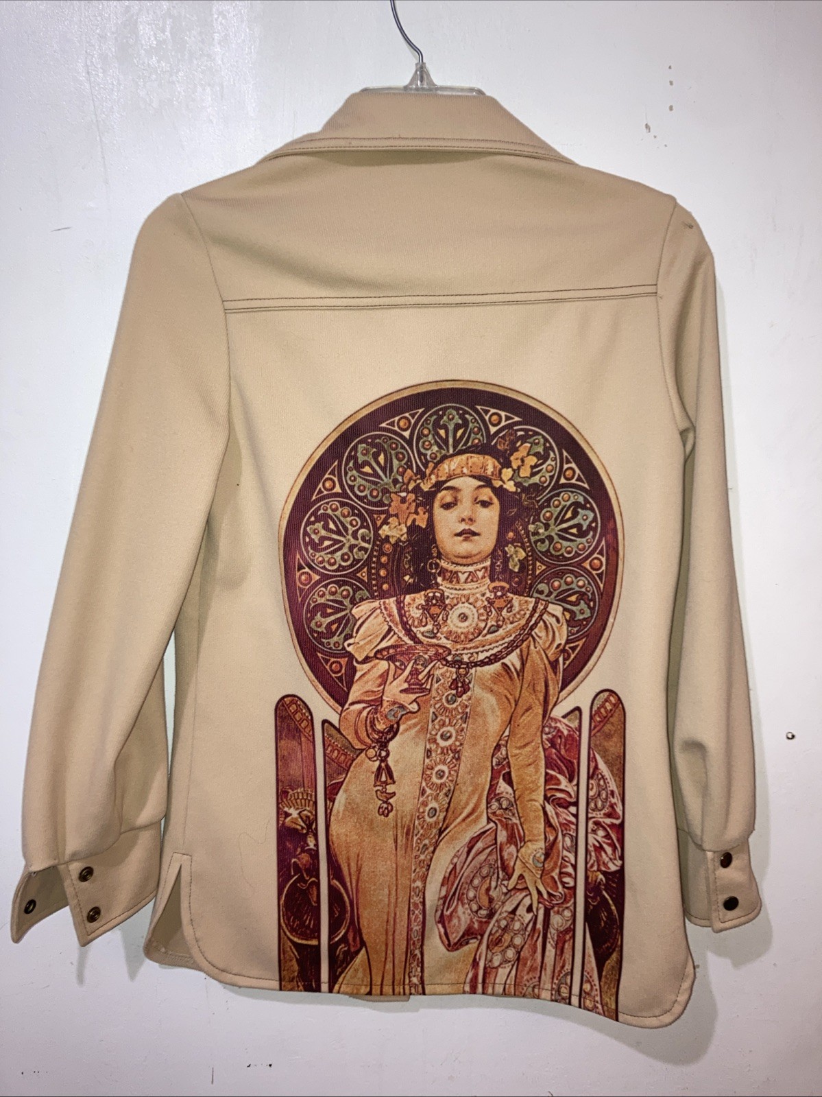 Vtg 1970s Jack Winter Shirt Womens Medium Tan Snap Front Back Graphic Print