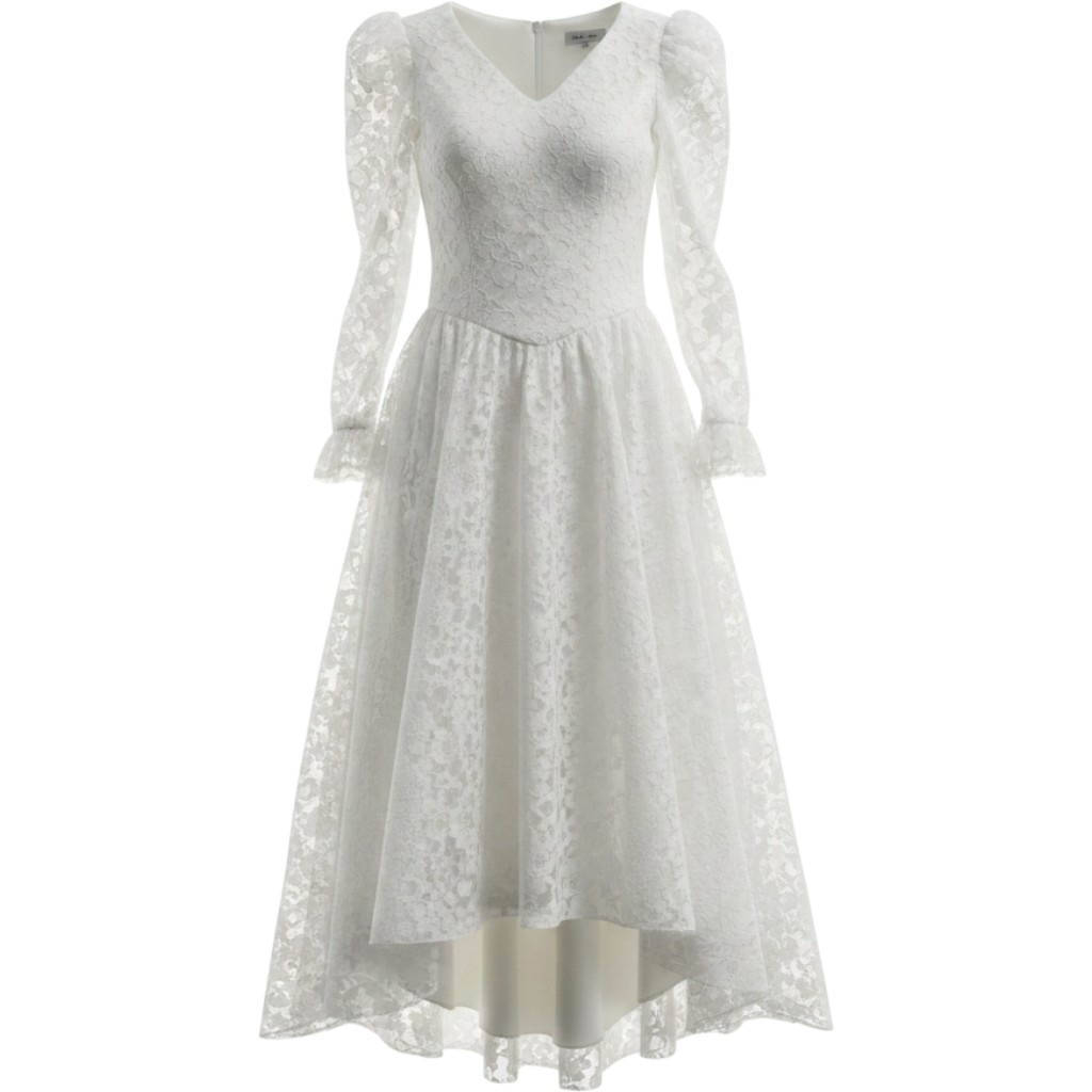 Lilia Smitty Vintage White Lace High Low Gown Puff Sleeve V-Neck Dress 2171 5/6