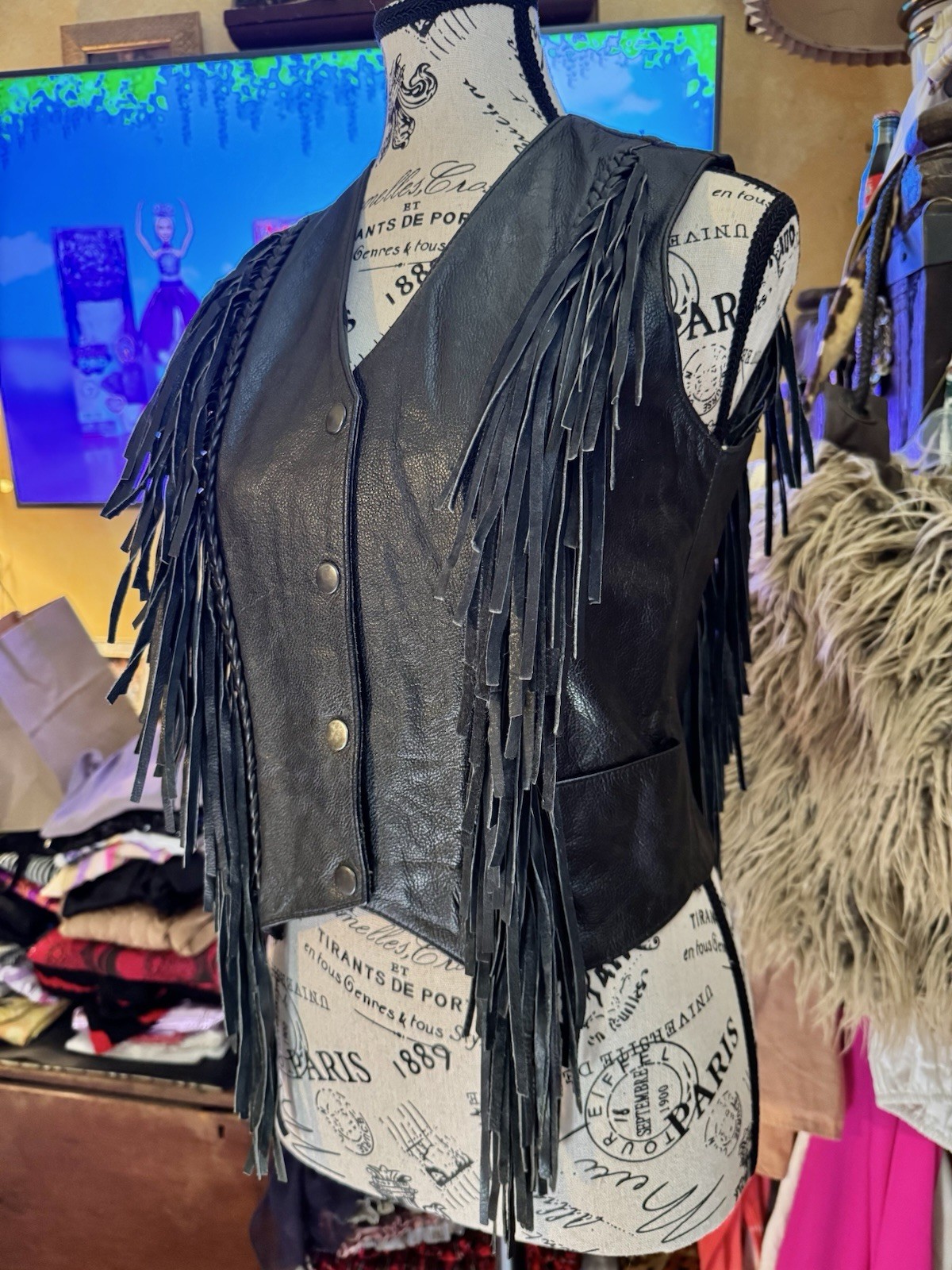 Vtg MOB Black Leather Fringe Vest Moto Biker Rockstar Runway Drama S XS India