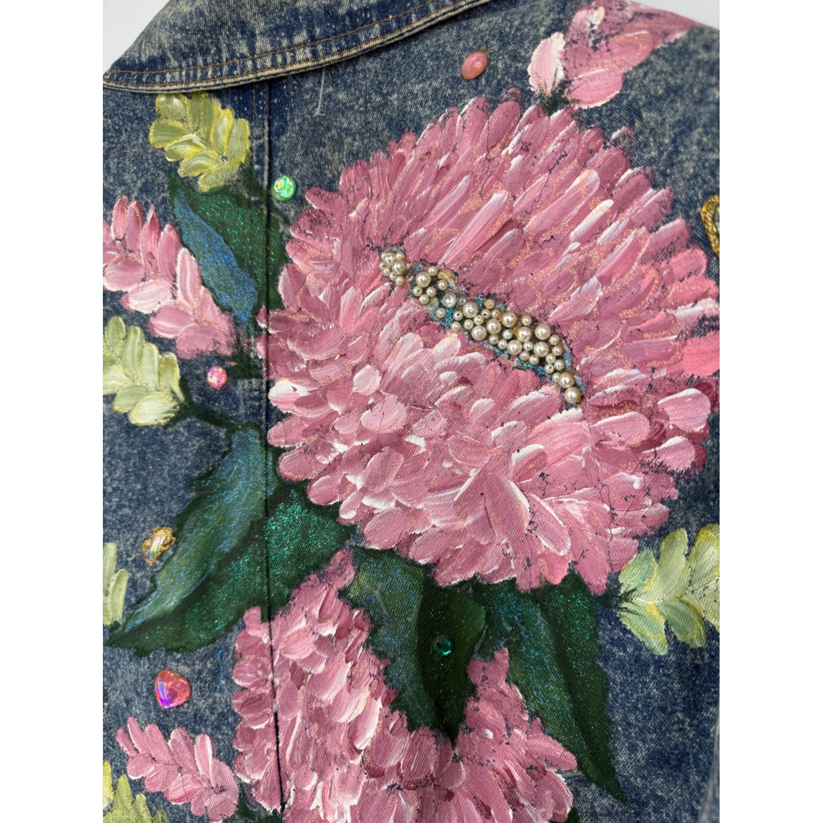 Vintage Fit America Womens Large Denim Trench Coat Hand Painted Floral Acid Wash