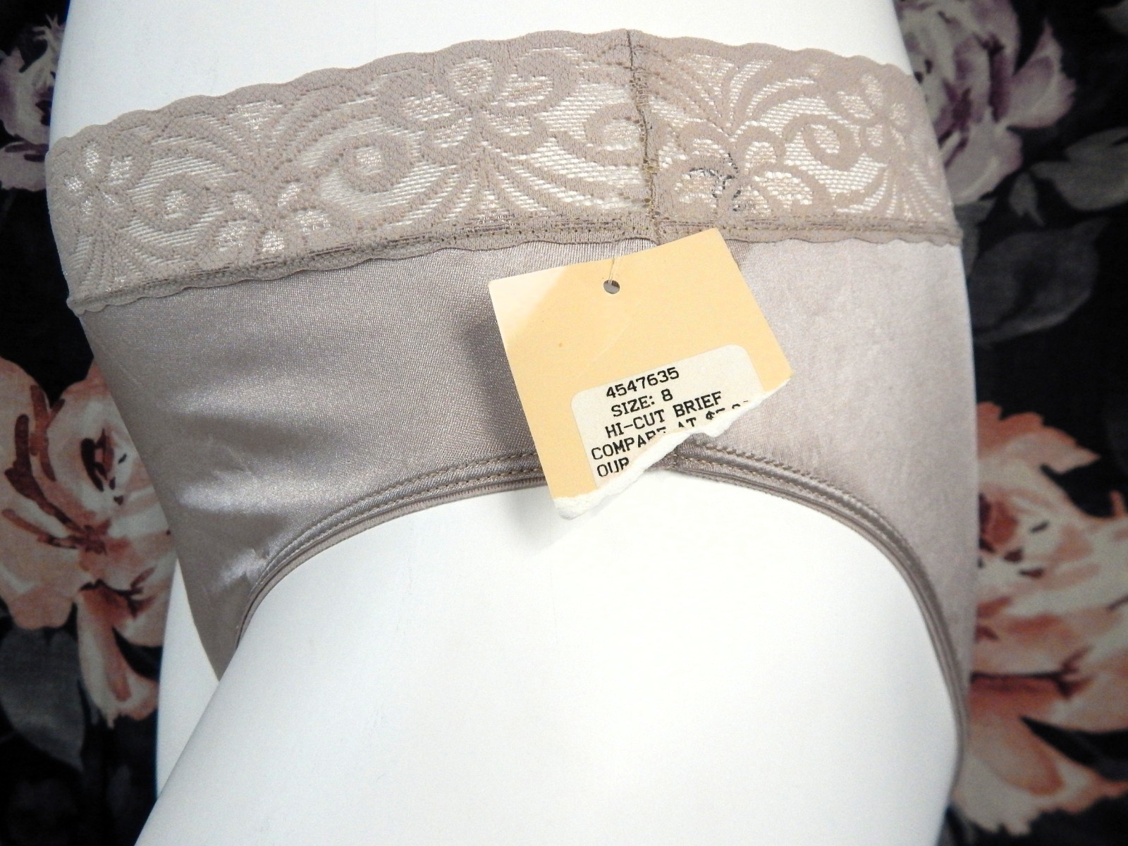 NOS Vintage Bali Studio Second Skin Lace Hi-Cut/Hi-Leg Satin Panties Taupe Sz 8