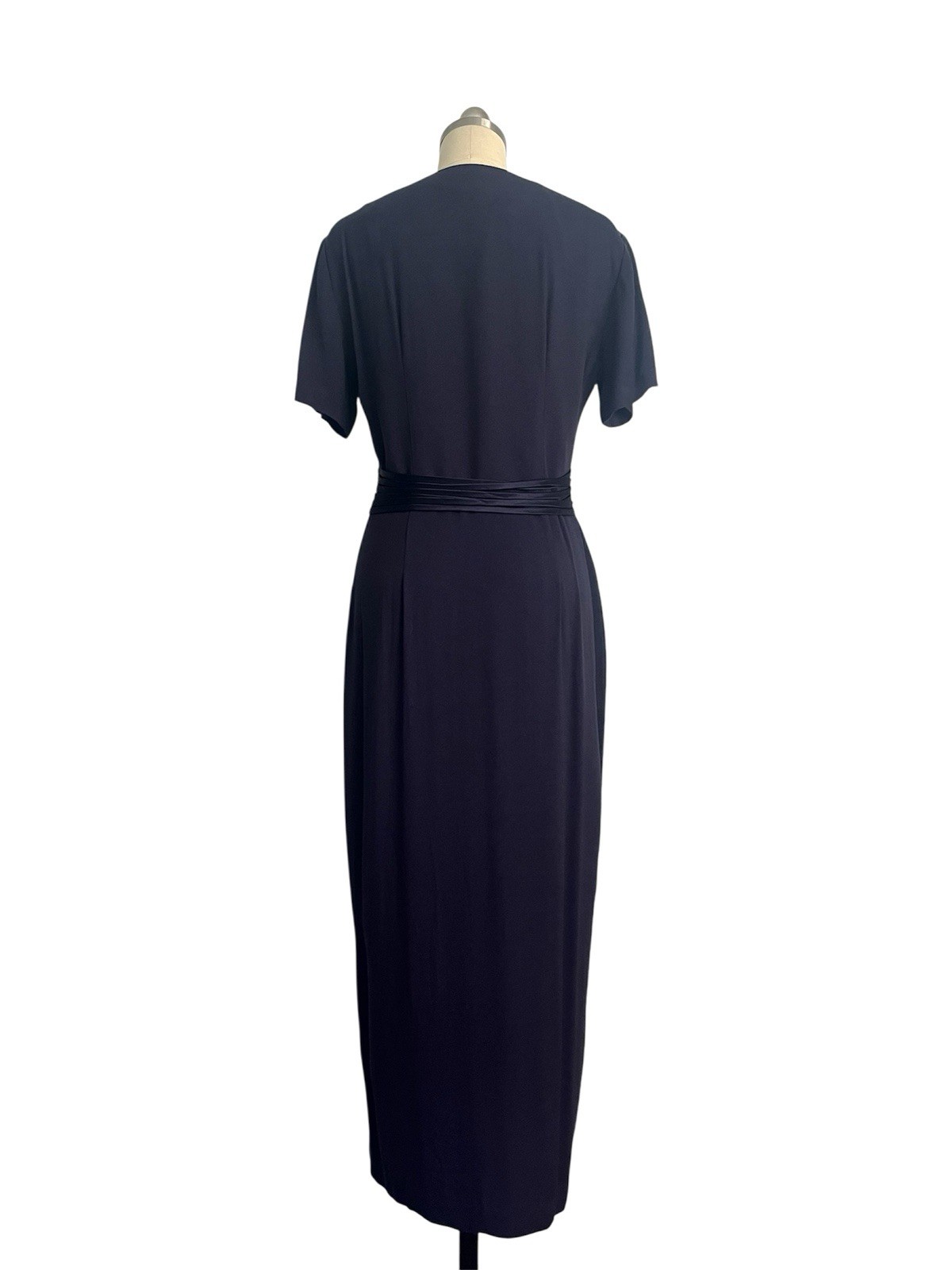 Vintage 80s Navy Blue Button Down Satin Belt Heart Neckline 40s inspired Midi S