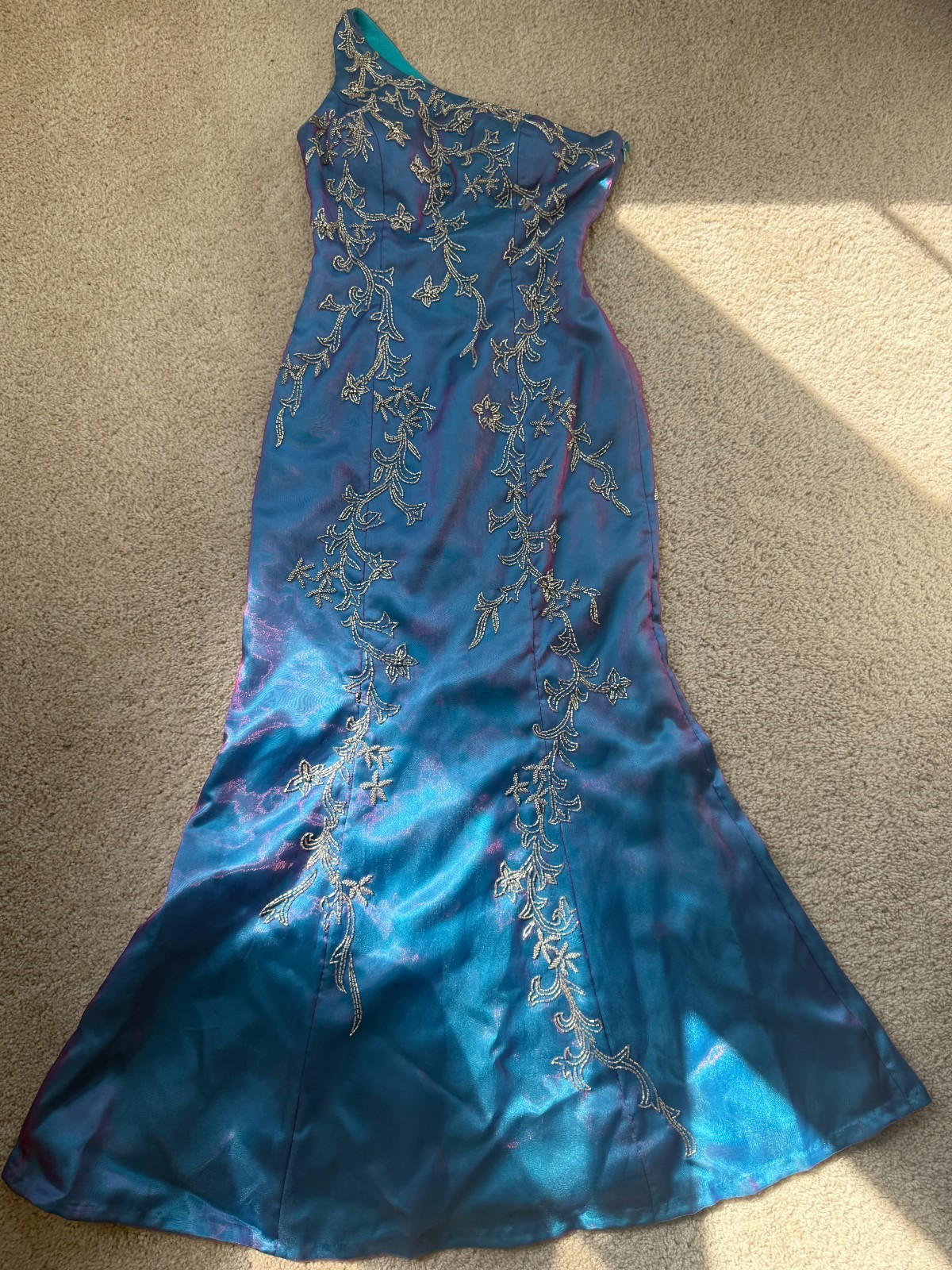 Vintage Jovani Y2K Prom Dress Iridescent Blue Purple Beaded One Shoulder Gown 2
