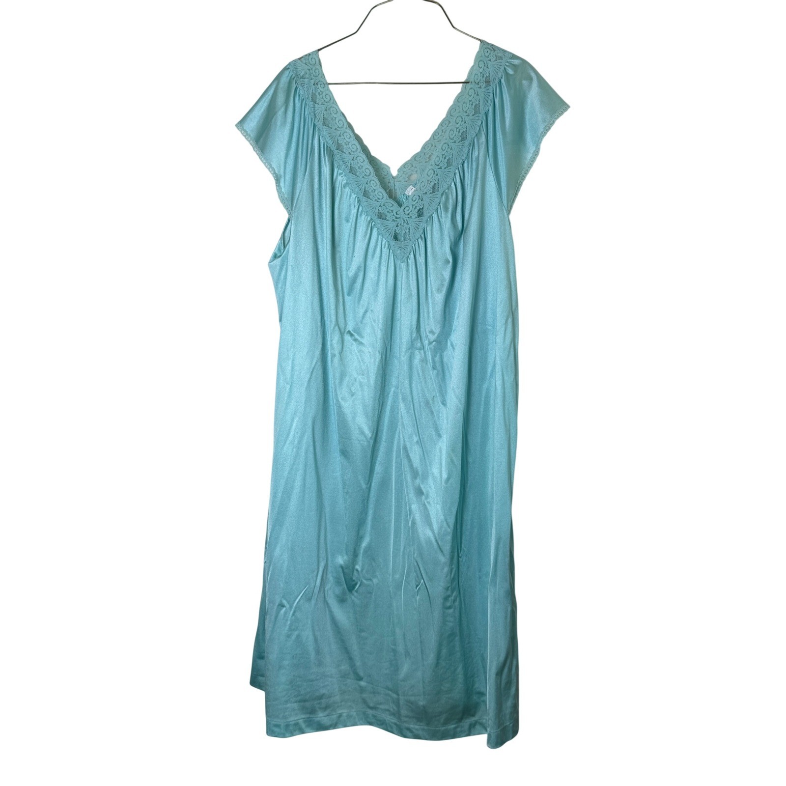 Vintage Vanity Fair Aqua Blue Nylon Nightgown Lace V-Neck XL Made in USA 70s