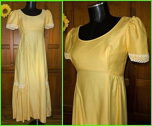 Vtg 60s EMMA DOMB Yellow Ruffle hem Lace Trim Regency Wedding Party Maxi DRESS
