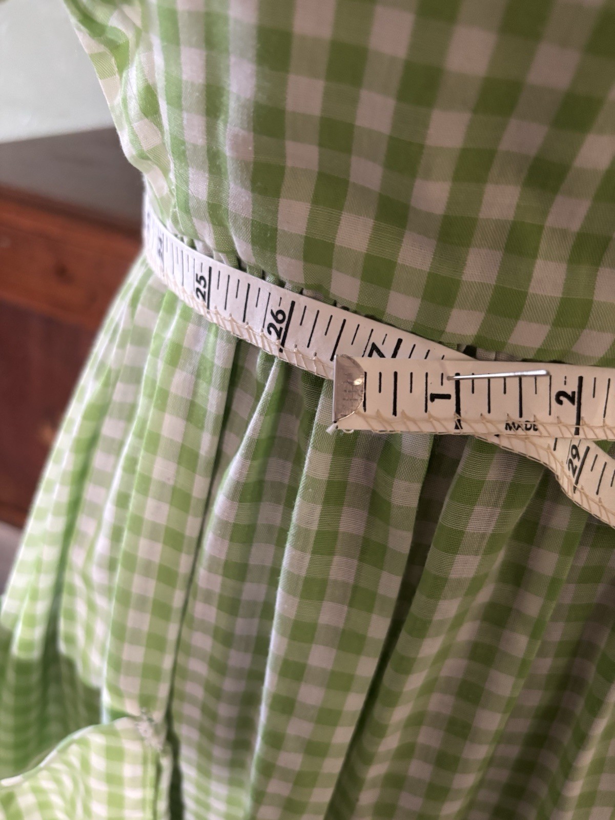 Vintage Cottagecore Light Green Gingham Prairie Dress Ruffle Sleeve Maxi
