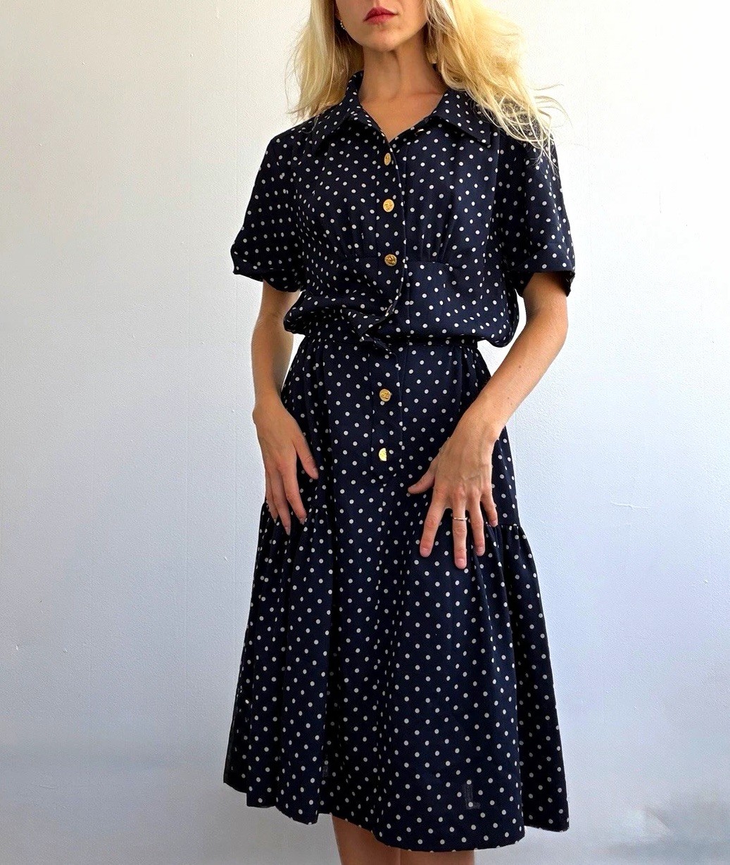 CHANEL Boutique Navy Blue/White Polka Dot Silk Blend Shirt Dress, 36