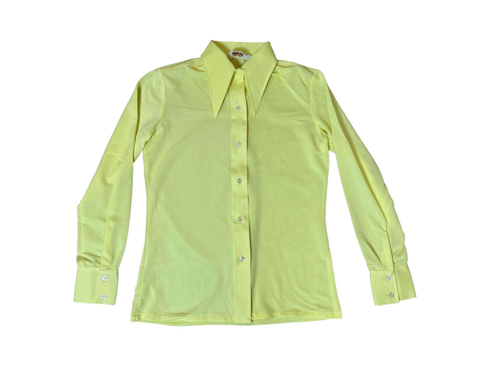 Vintage 70s Yellow Polyester Knit Disco Blouse Dagger Collar Hong Kong Sz 10