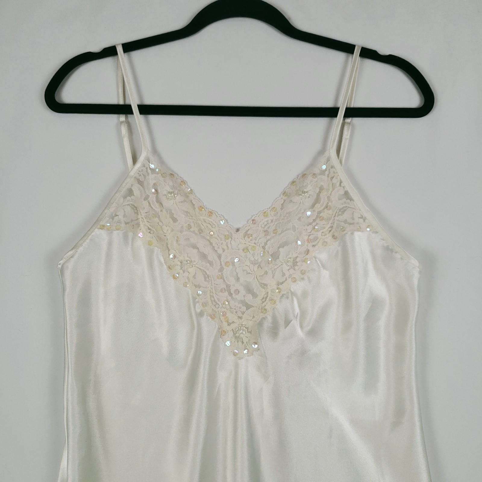 Vintage Delicates Satin Slip Womens Medium Beaded Sequin Lace Glossy Ivory 90s