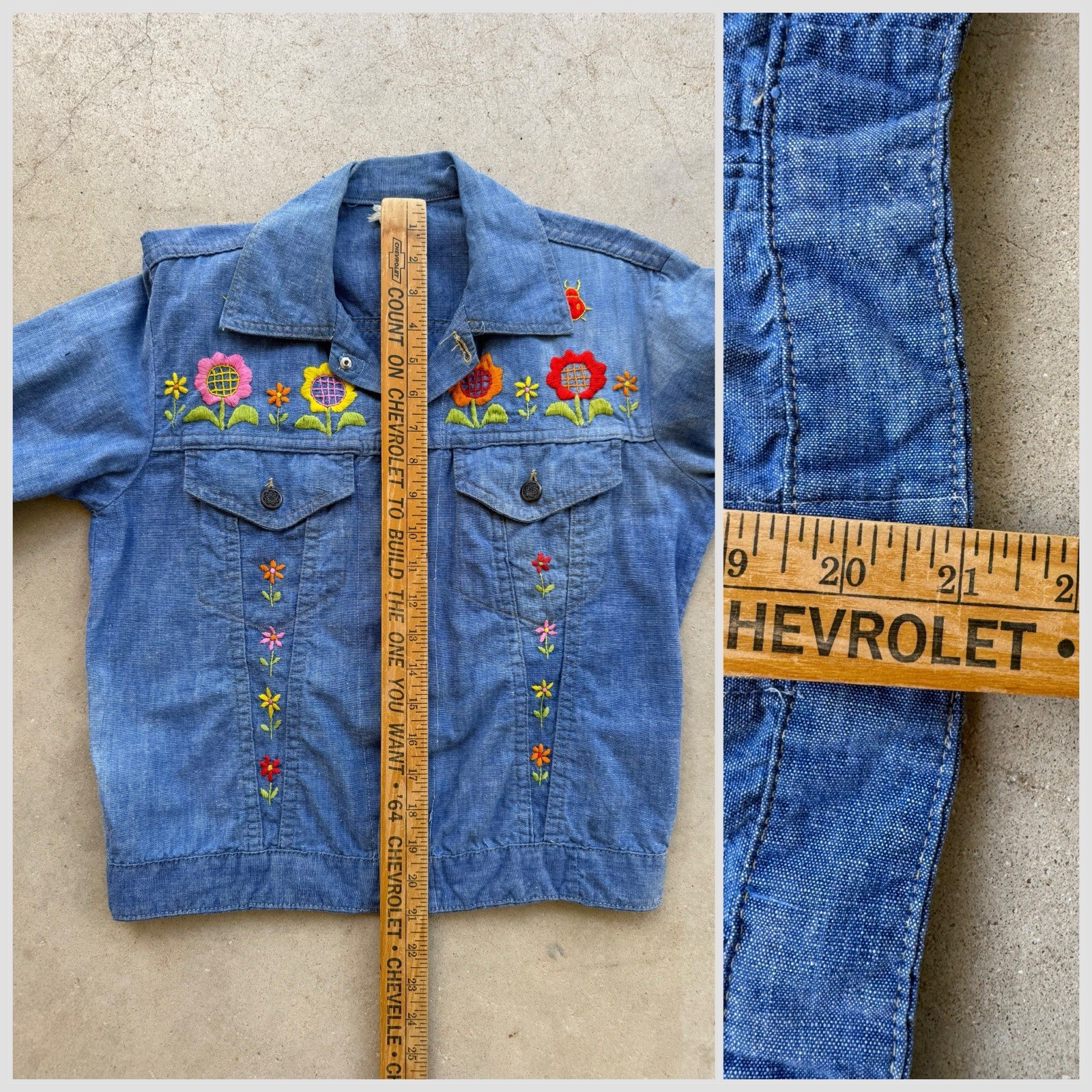 1970s Embroidered Chambray Jacket Floral Western Trucker Cotton Mexico S/M VTG