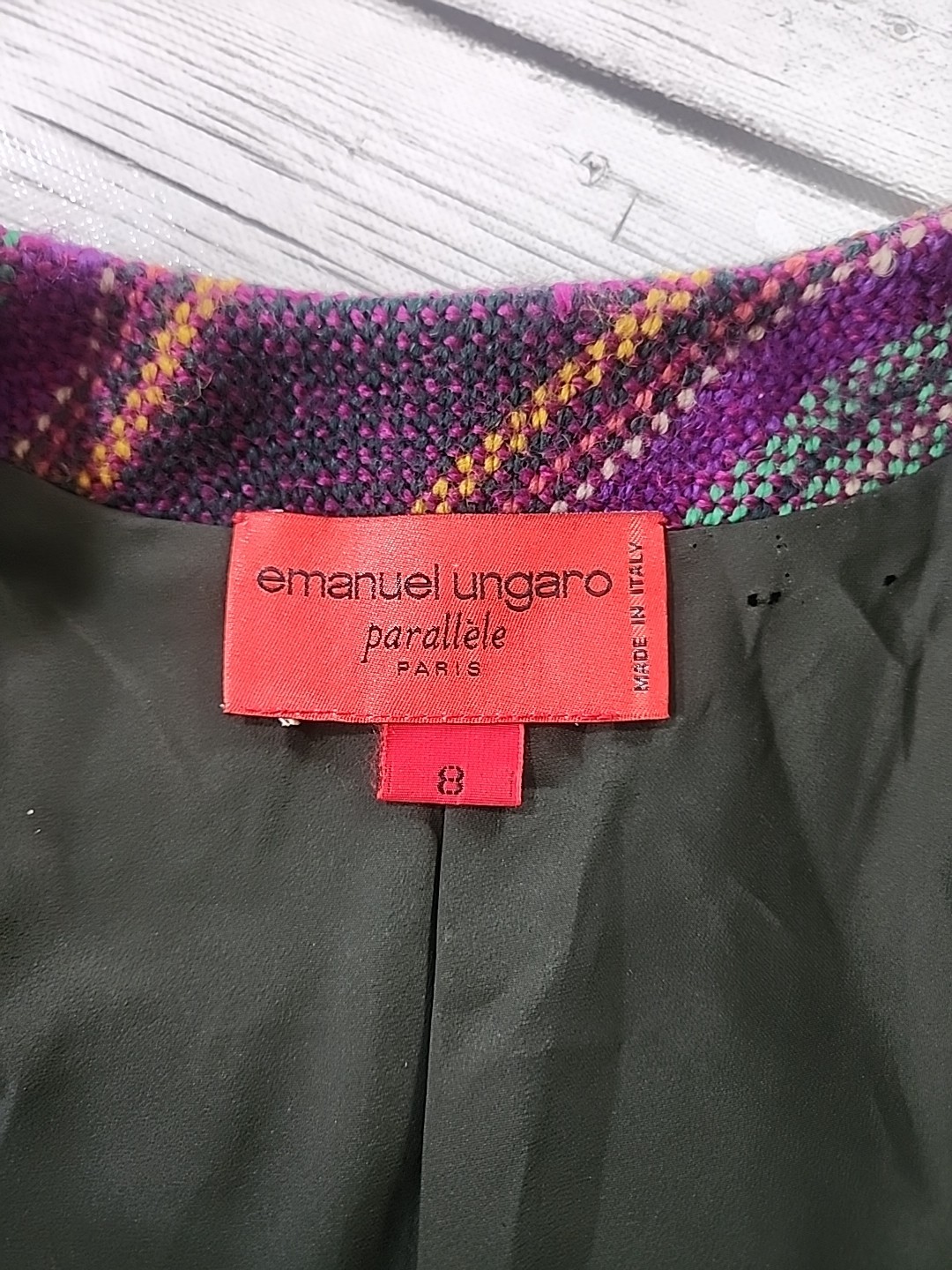 VTG Emanuel Ungaro Parallele Paris Italy Wool Tweed Jacket Sz Med/8 Purple Green