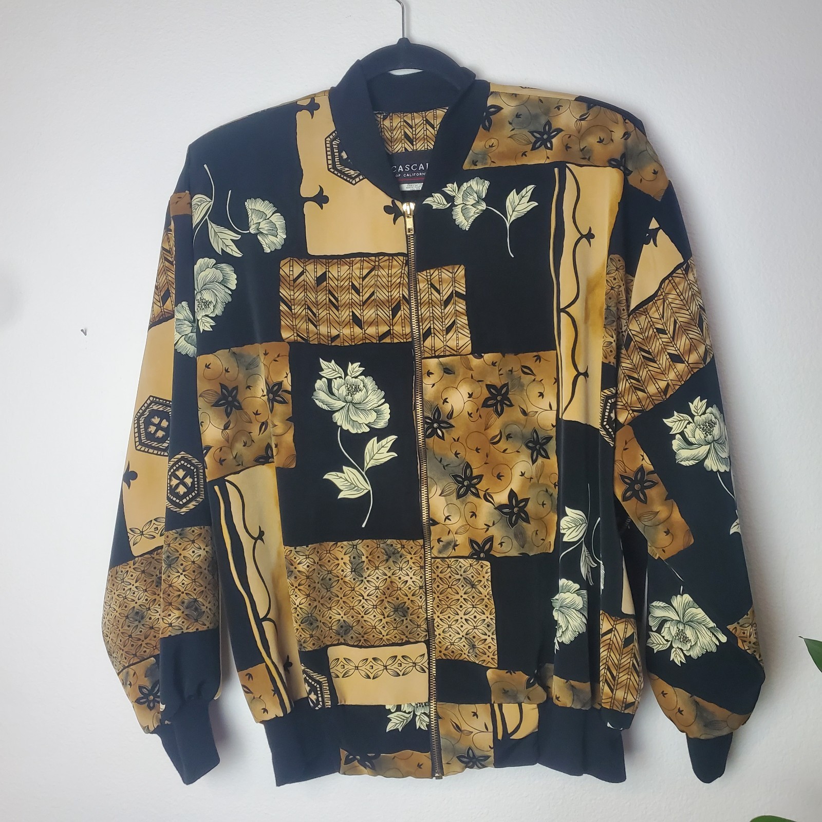 Vtg 90s Cascais of California Silk Style Patchwork Bomber Jacket Baroque Small