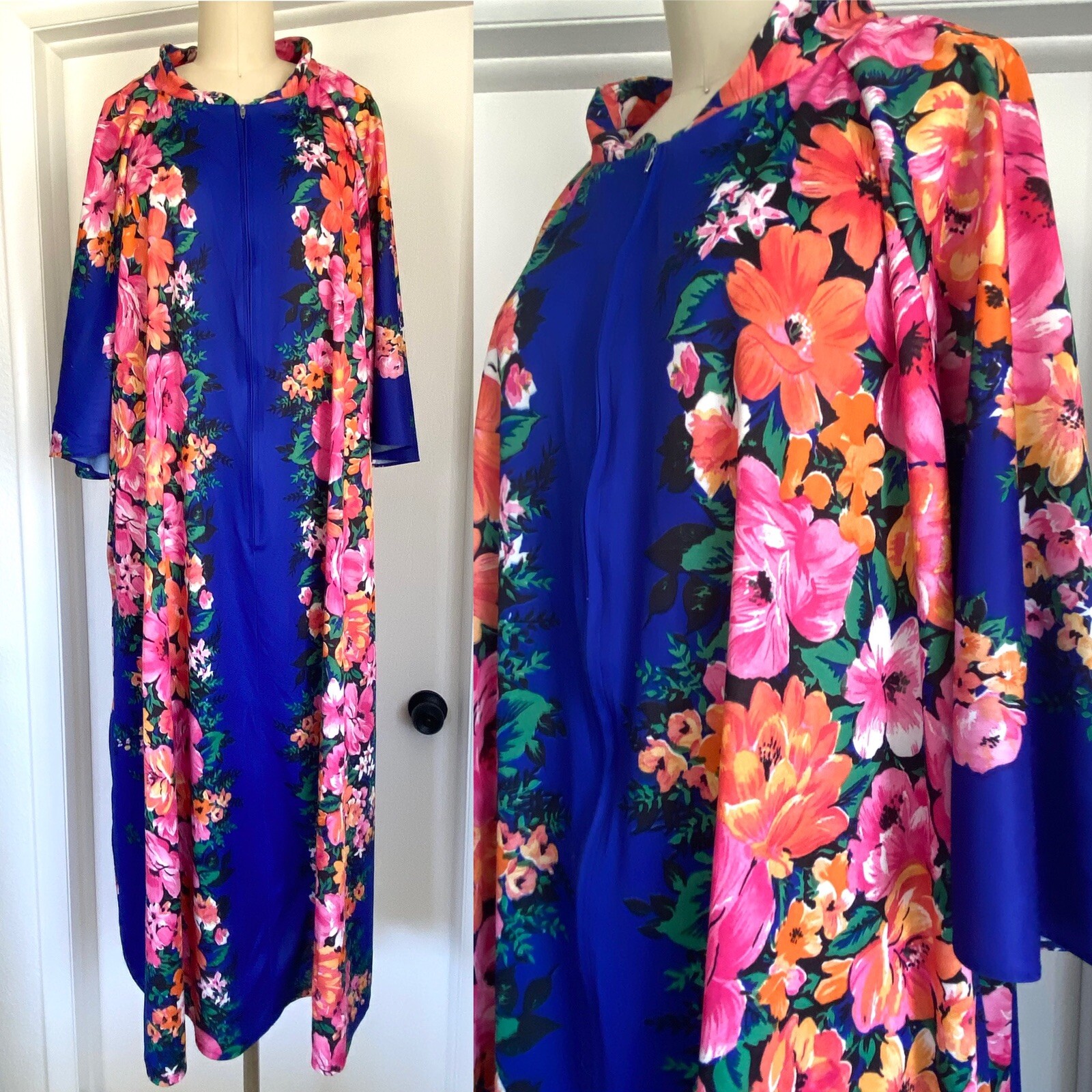 VINTAGE 1970&rsquo;S 70’s FlowerCore Floral CAFTAN Dress muumuu housecoat Kaftan