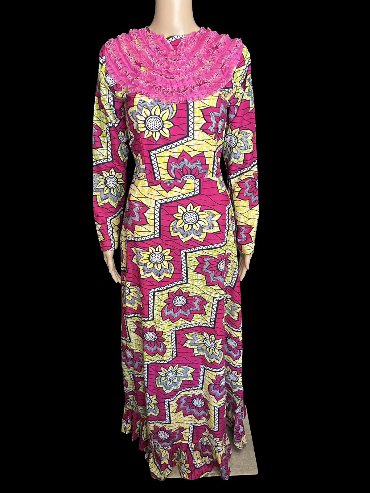Vintage 1970s 80s Floral African Wax Print Ruffle Boho Cottagecore Maxi Dress XS