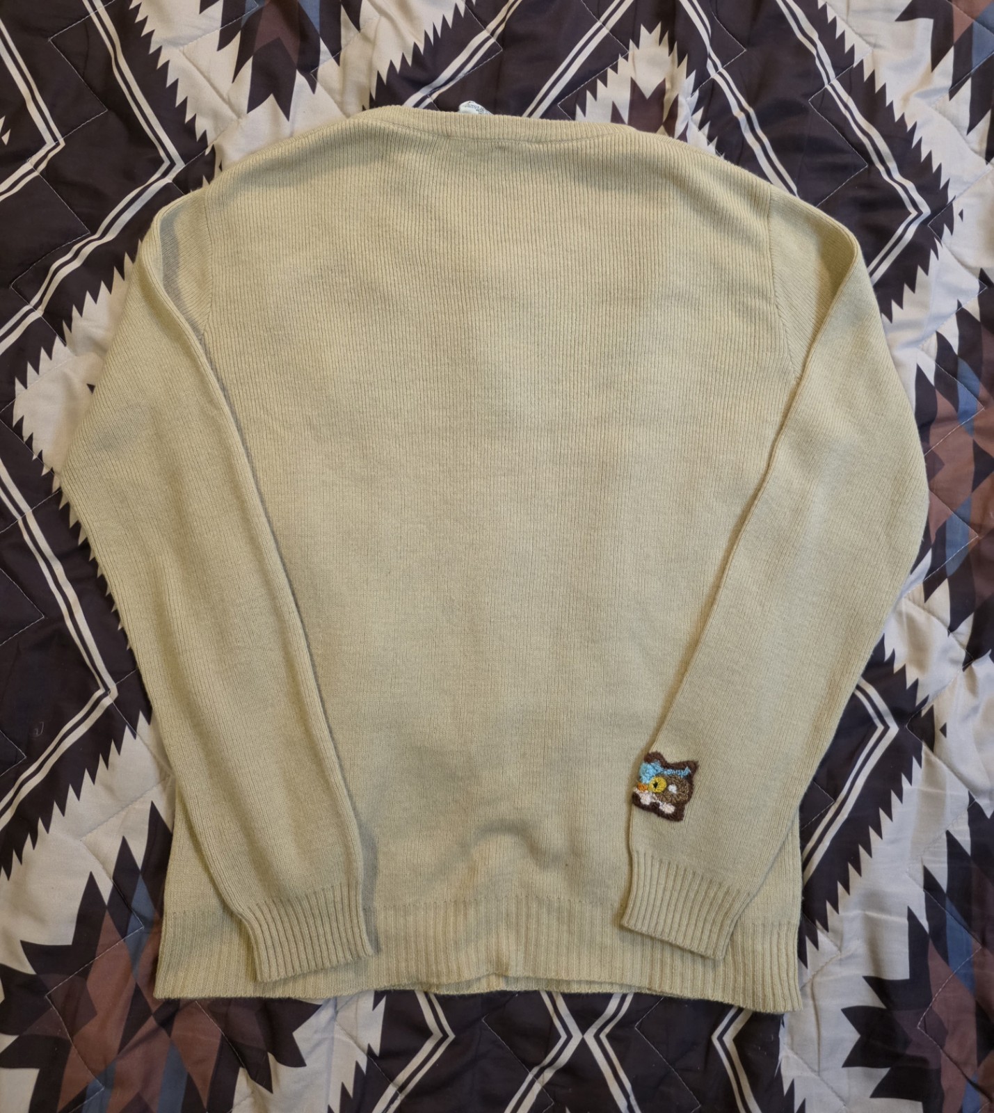 Vtg 70s Cyn Les Nobody&rsquo;s Perfect Owls Embroidered Sweater Beige Womens Large