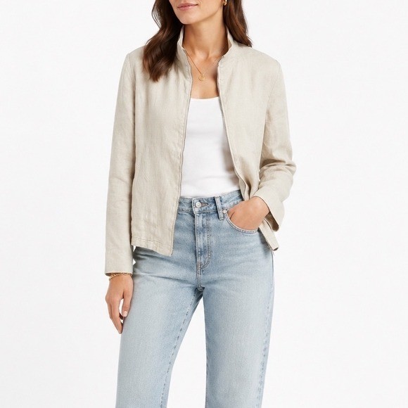 Vintage Ann Taylor Linen Jacket L Oatmeal Zip Front Hong Kong Quiet Luxury