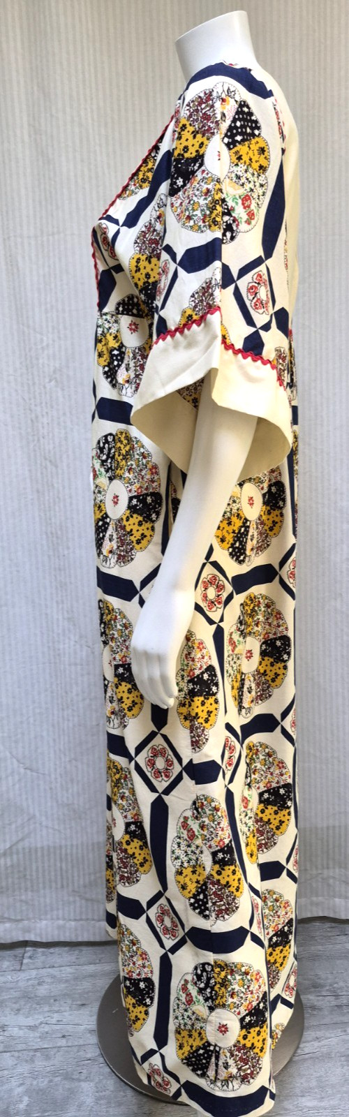 Vintage 60s JCPenney Hippy Patchwork Print Kaftan Maxi Dress Kimono Sleeve – S