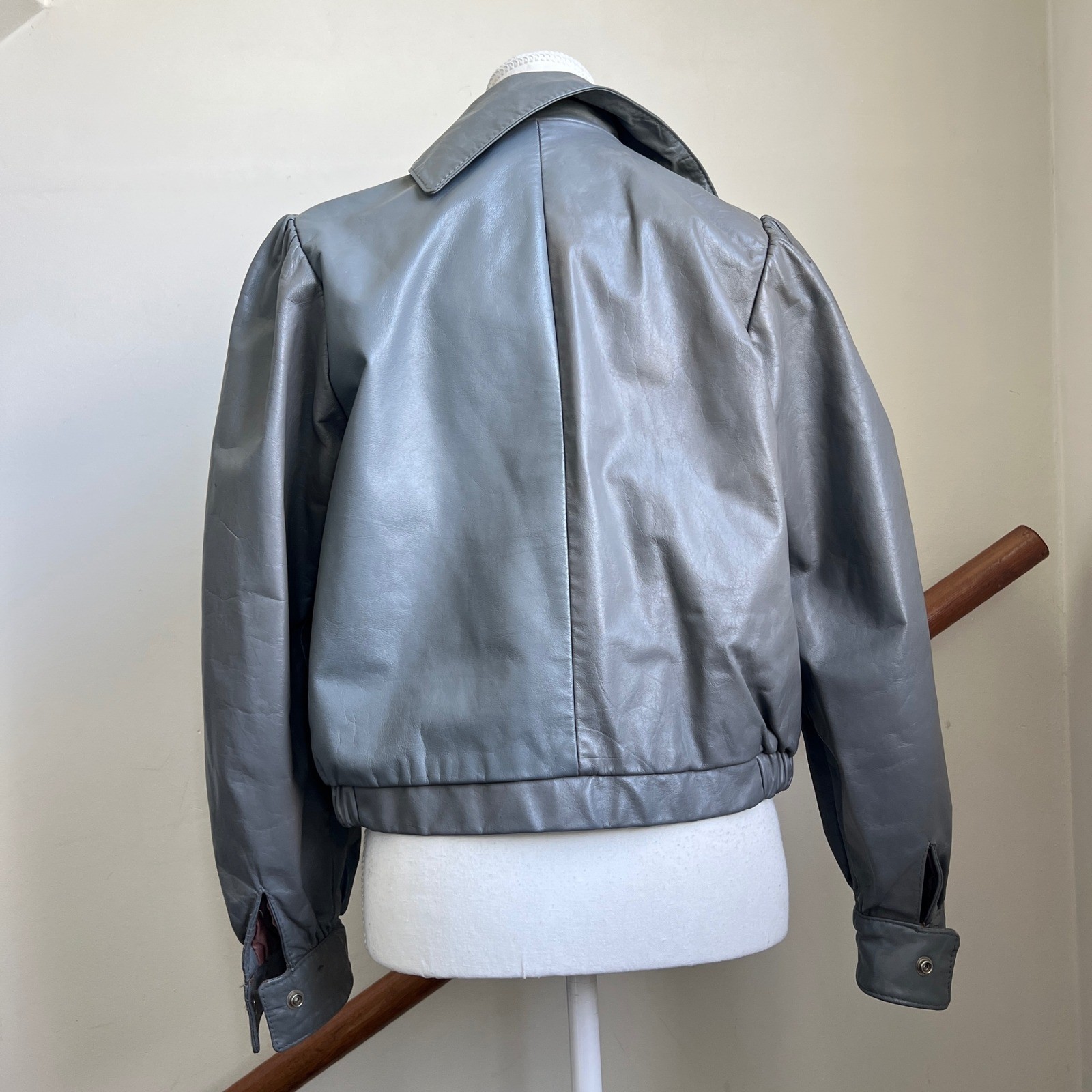 Vintage 80s Leather Jacket Small Gray Stand Collar Funnel Neck Retro Avant Garde