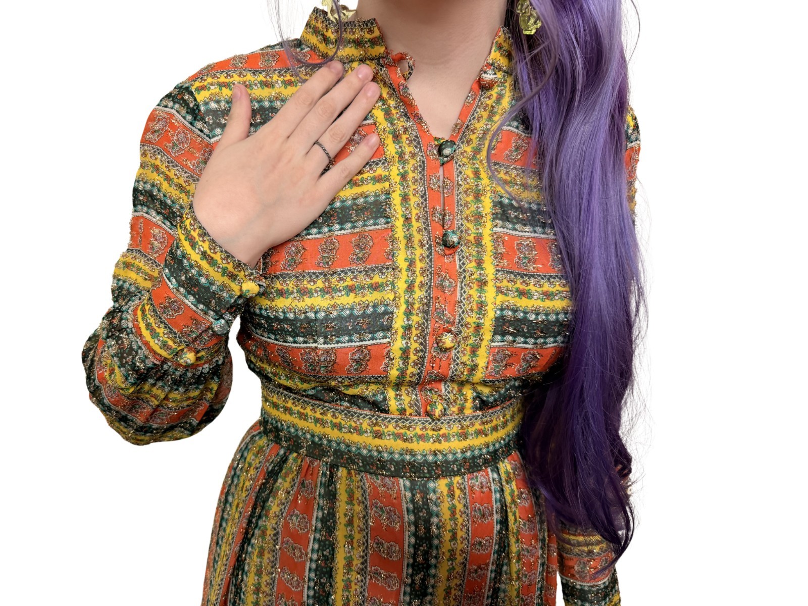 Vintage Michigan Ave Boho Metallic Maxi Long Cocktail Dress Size S 2 1960-1970s