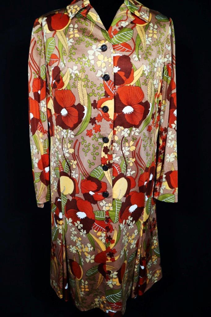PLUS SIZE VINTAGE FRENCH 1970&rsquo;S VIVID FALL COLOR FLORAL PRINT DRESS SIZE 16
