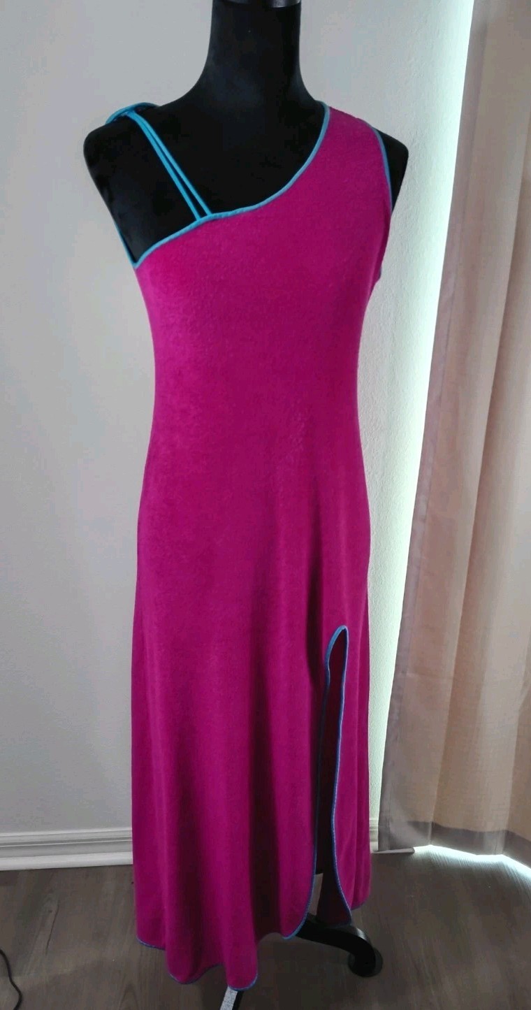 Vintage Dutchess Terry Cloth 60s Gown Hot Pink Sm Teal TrimMaxi Stretch Bodycon