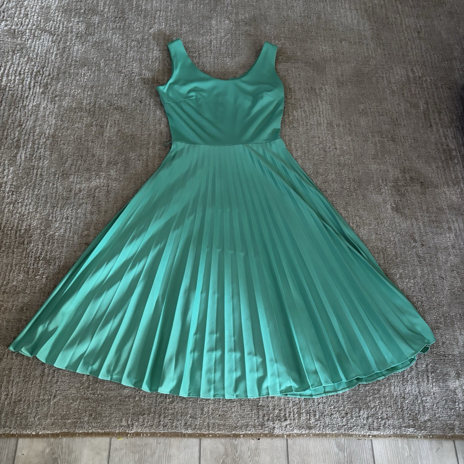 VTG 70’s Fit Flair SEARS TURQUOISE GREEN Disco DRESS accordion Pleats – S