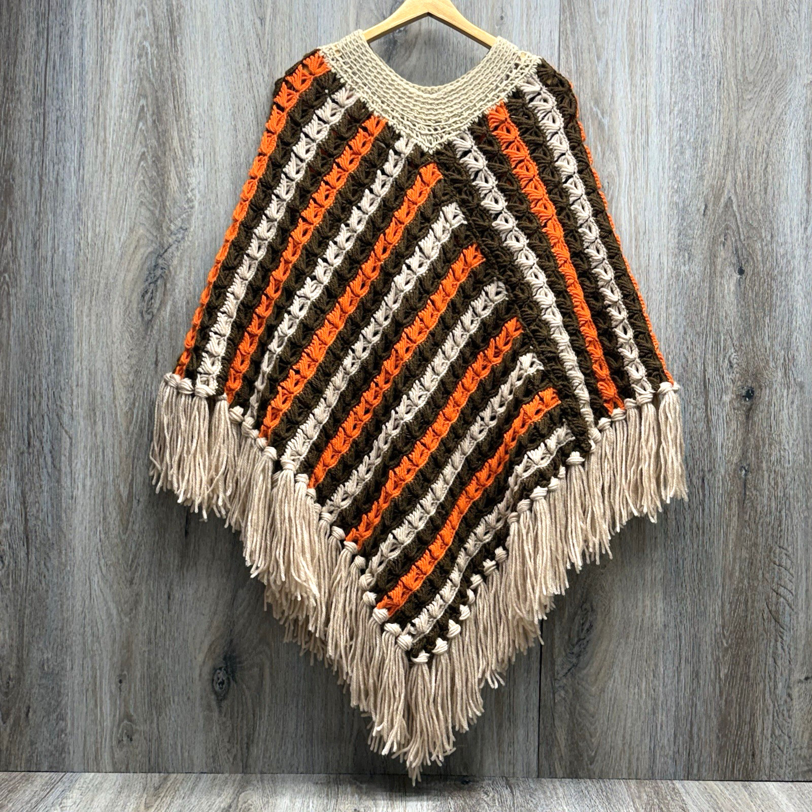 Vintage Poncho Hand Crochet Brown Orange Cream w/Fringe 60&rsquo;s 70&rsquo;s Hippie Boho