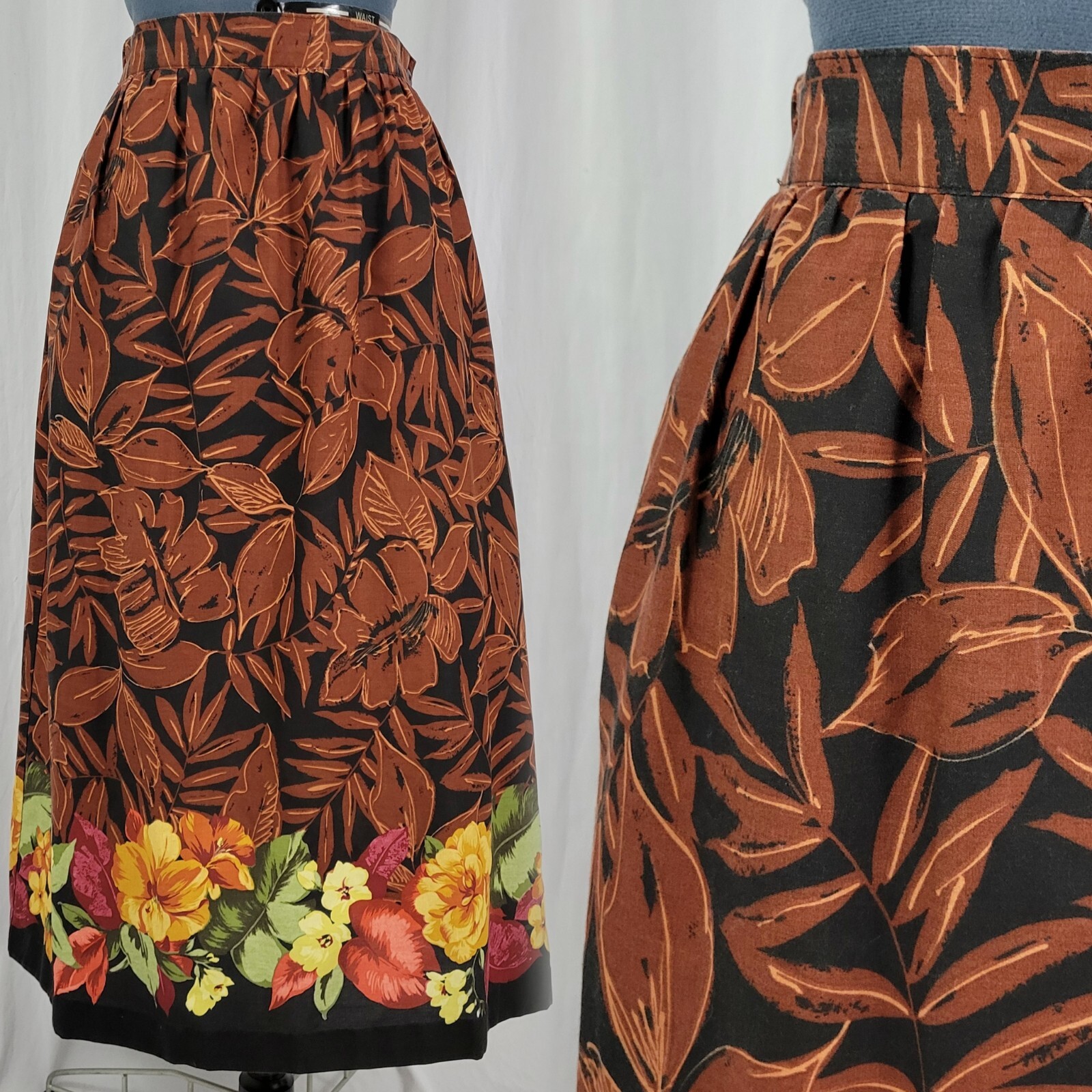 Vintage Leslie Fay Black & Brown Tropical Leaf Skirt w Floral Border Size 12
