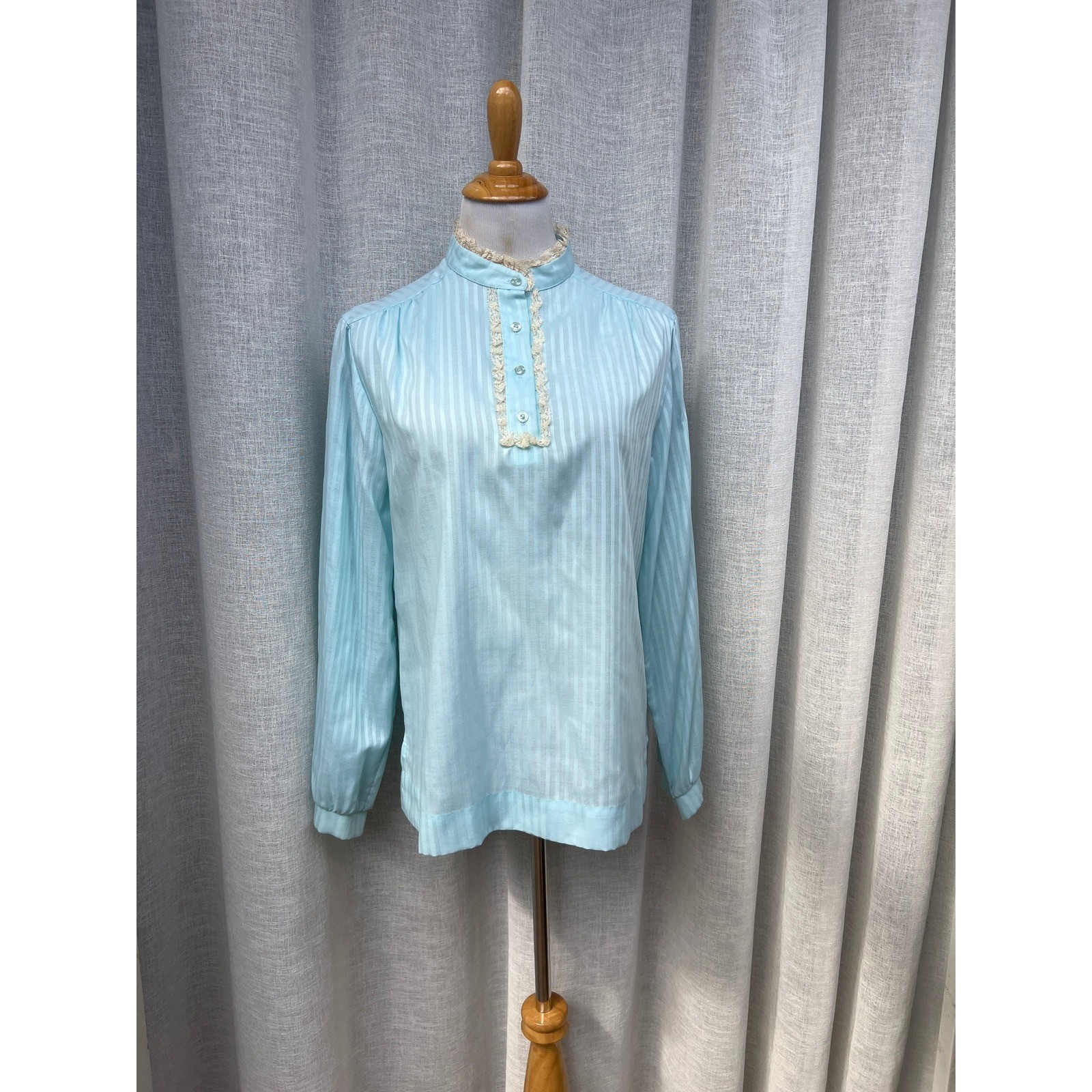 Victorian style blue striped long sleeve blouse lace accents made by Judy Bond
