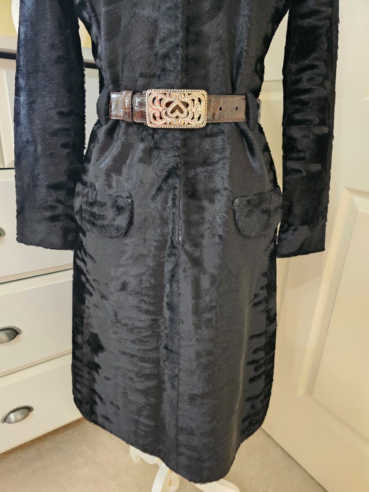 VTG 1960s Adele Simpson Womens Black Crushed Velvet Half Zip Coat Dress Sz. M