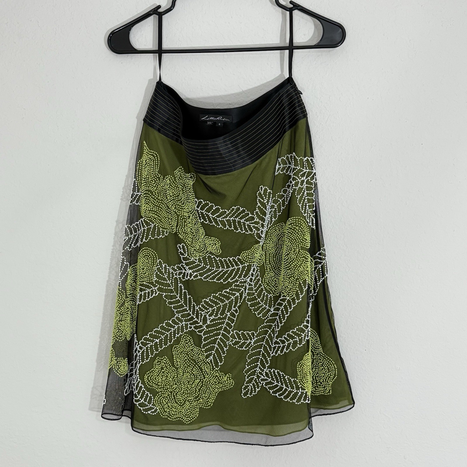 Vintage Y2k Style Lillie Rubin Floral Beaded Skirt, Green Mesh w/ Lining Size 4