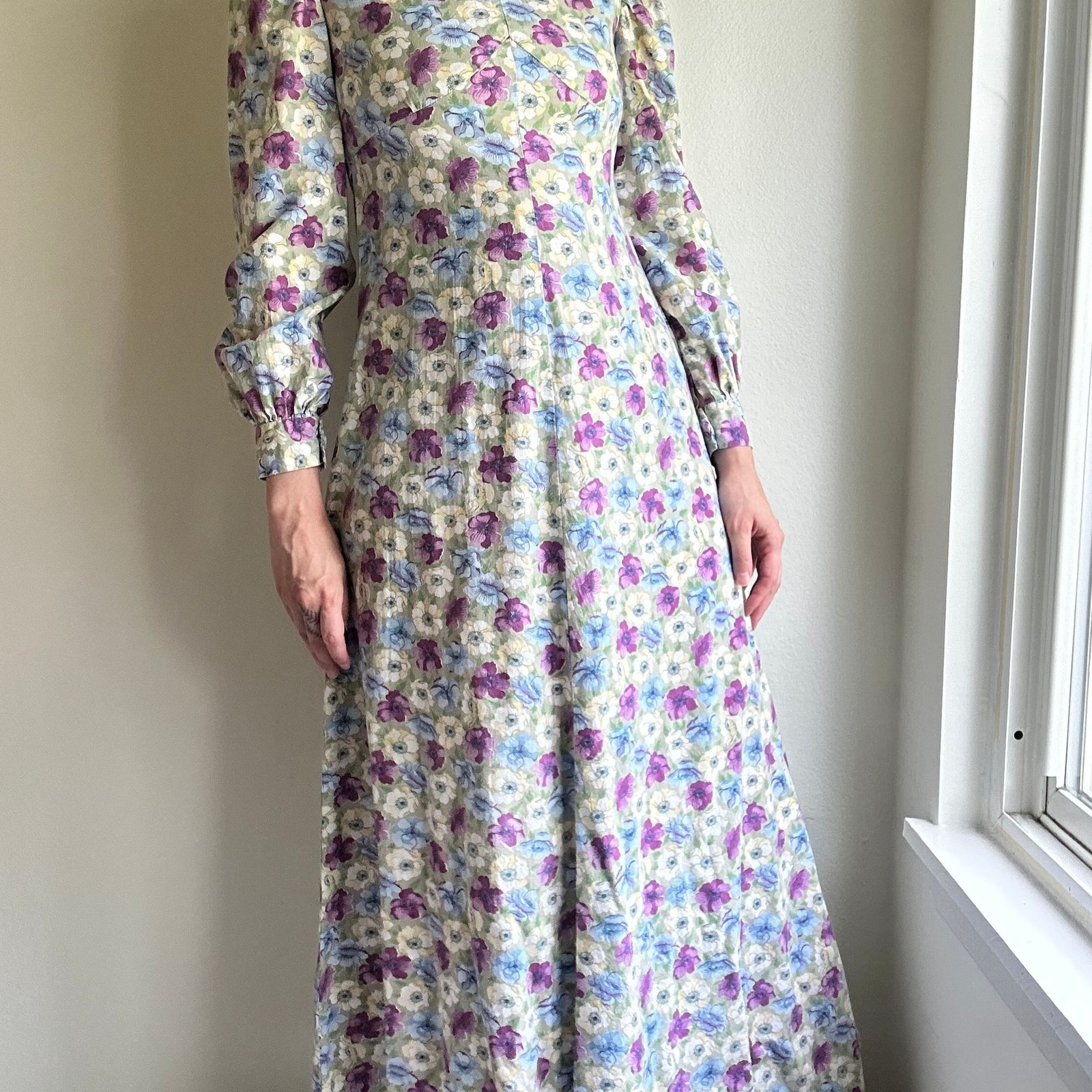 Vintage 70s Handmade Garden Floral Long Sleeve Maxi Dress Size XS