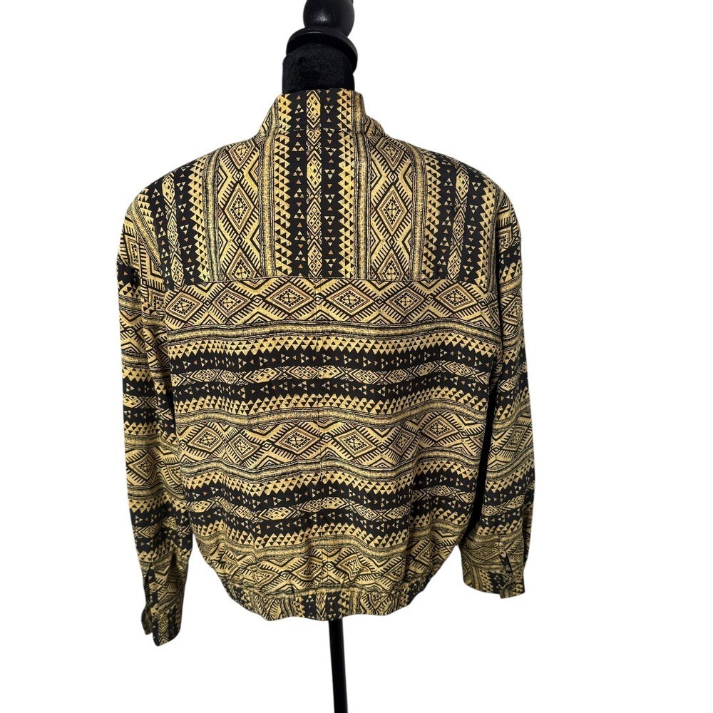 Vintage 80s Silk Aztec Geometric Slouchy Jacket Size S Petite Black Gold Tribal