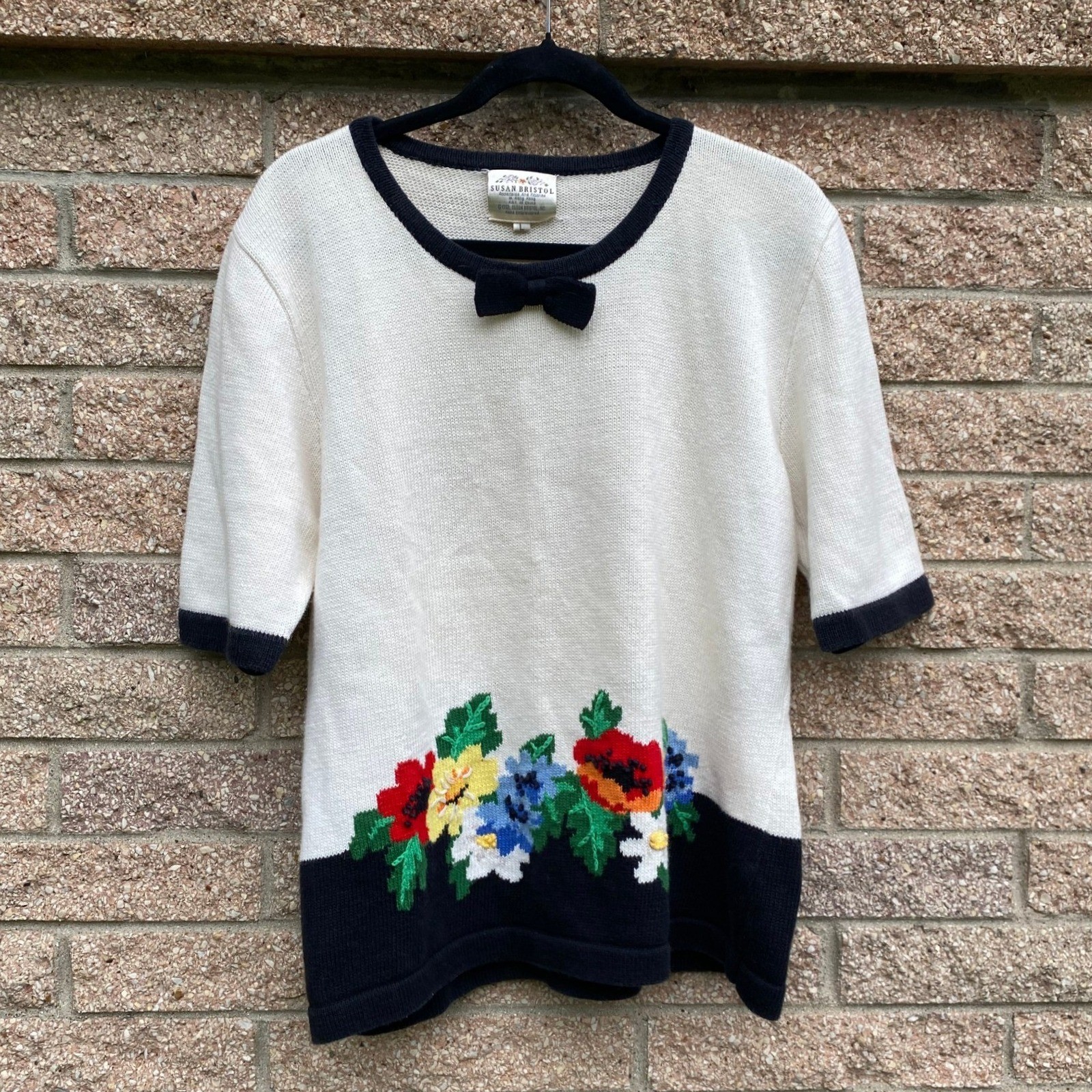 Susan Bristol Vintage Floral Embroidered Knit Sweater Bow Large Coquette Grandma