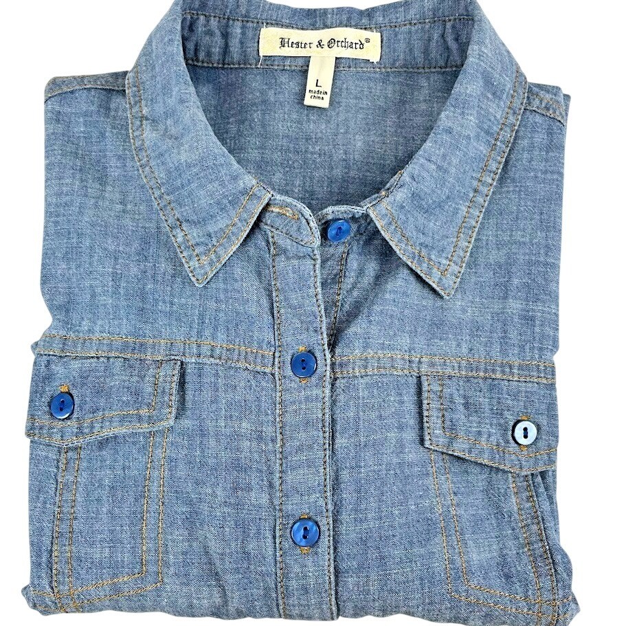 Hester & Orchard Chambray Denim 3/4 Sleeve Button Up Blue Jean Shirt Women&rsquo;s L