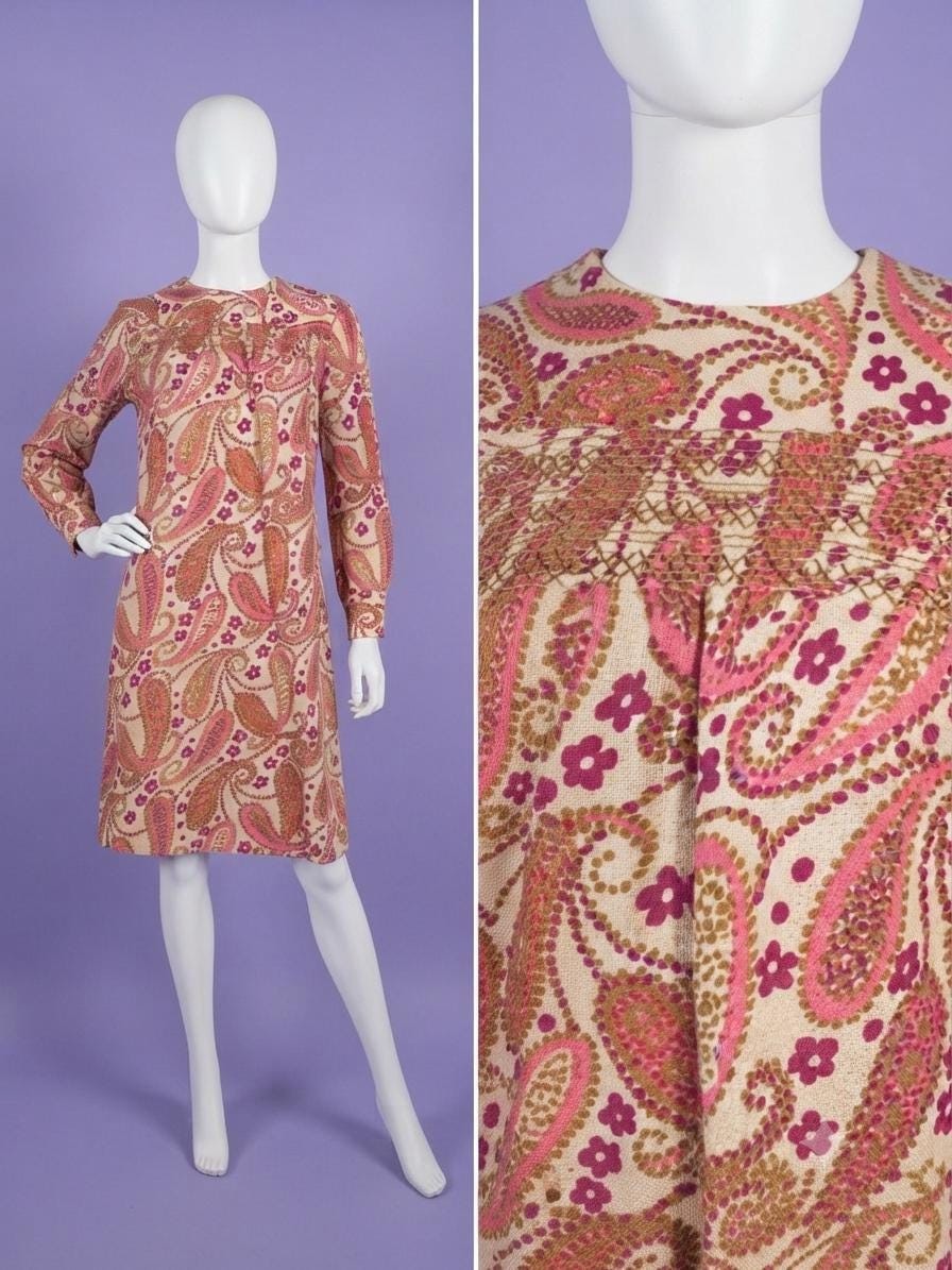 Vintage 60s Psychedelic Paisley Print Burlap Shift Dress Made In USA Size S