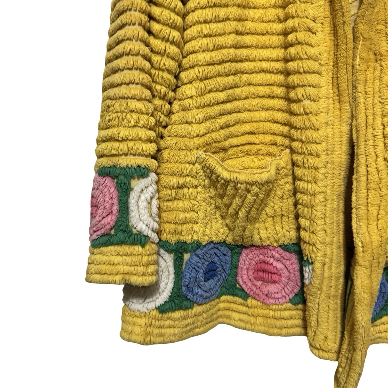Vintage 1930s Chenille Floral Yellow Jacket short robe coverup size Small