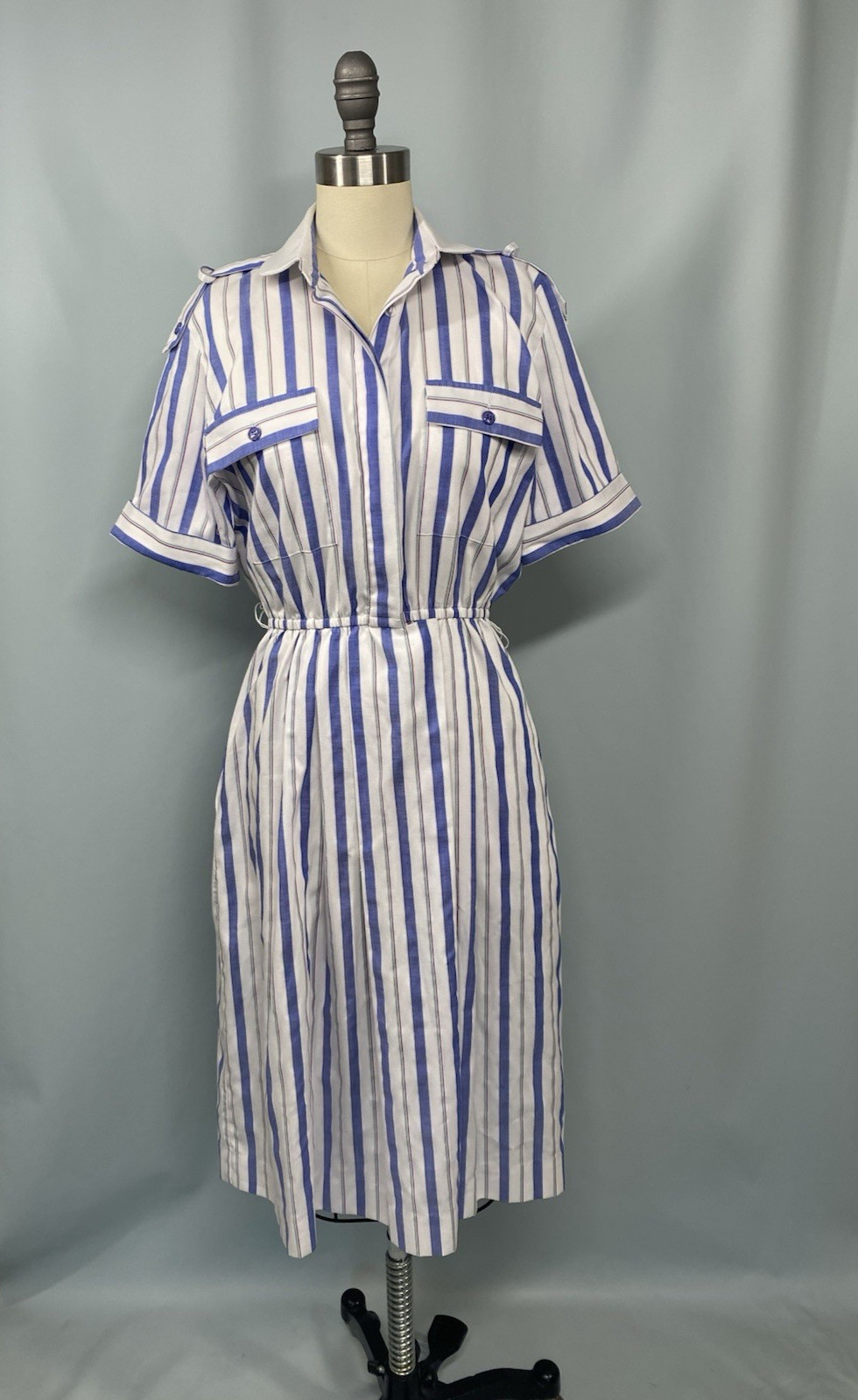 Vintage Dress SIZE XS 4 PETITE blue white classic stripe SCHRADER SPORT 70s 80s