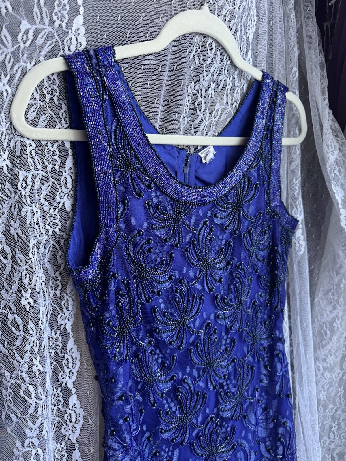 Vintage Fully Beaded Royal Blue Lace Party Dress (Size M-L) Special Occasion