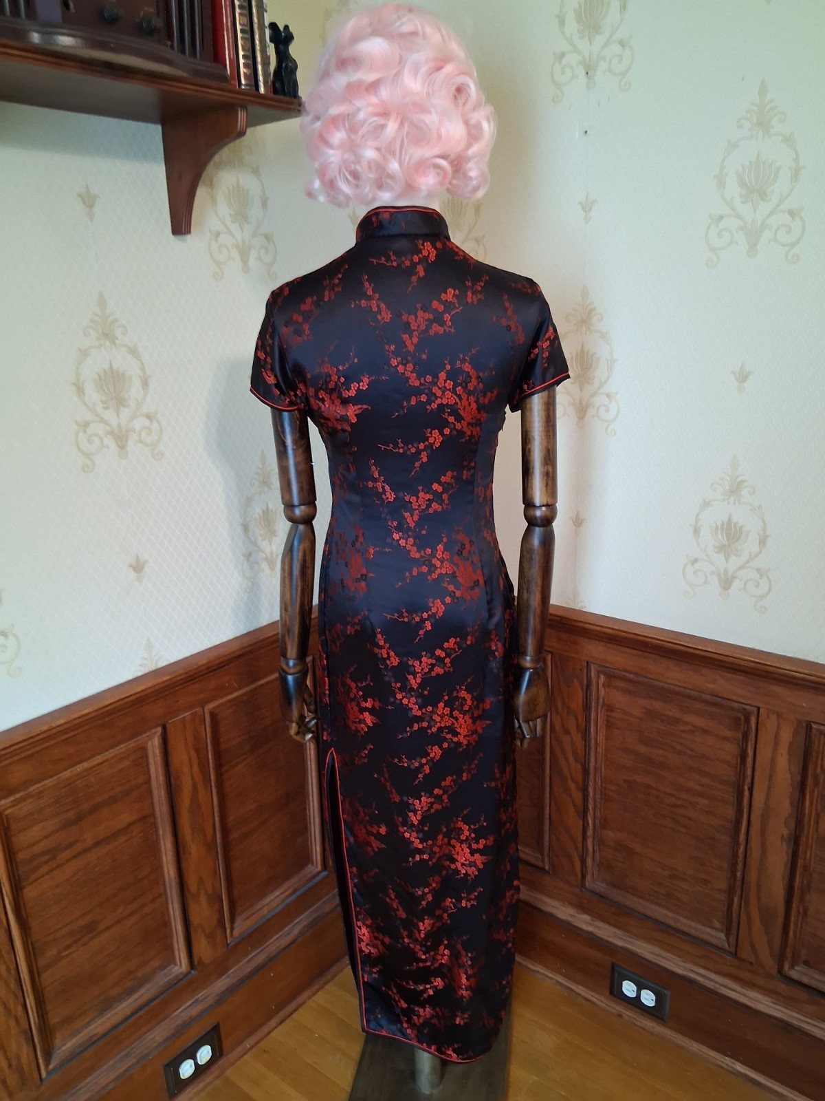 Vintage 1980s/90s Black Red Cherry Blossom Brocade Satin Cheongsam Chinese Dress