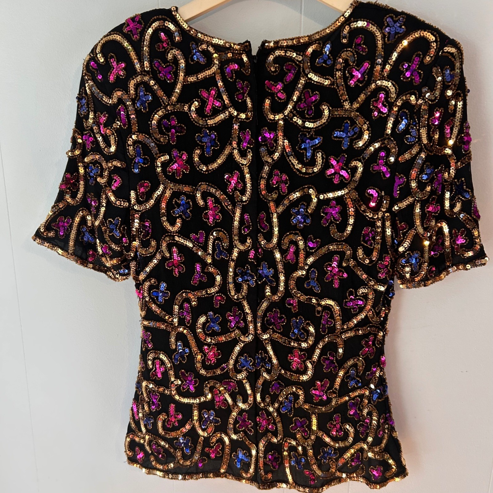 Stenay Vintage Silk Beaded Sequin Top Black Gold Pink Blue Floral Evening M