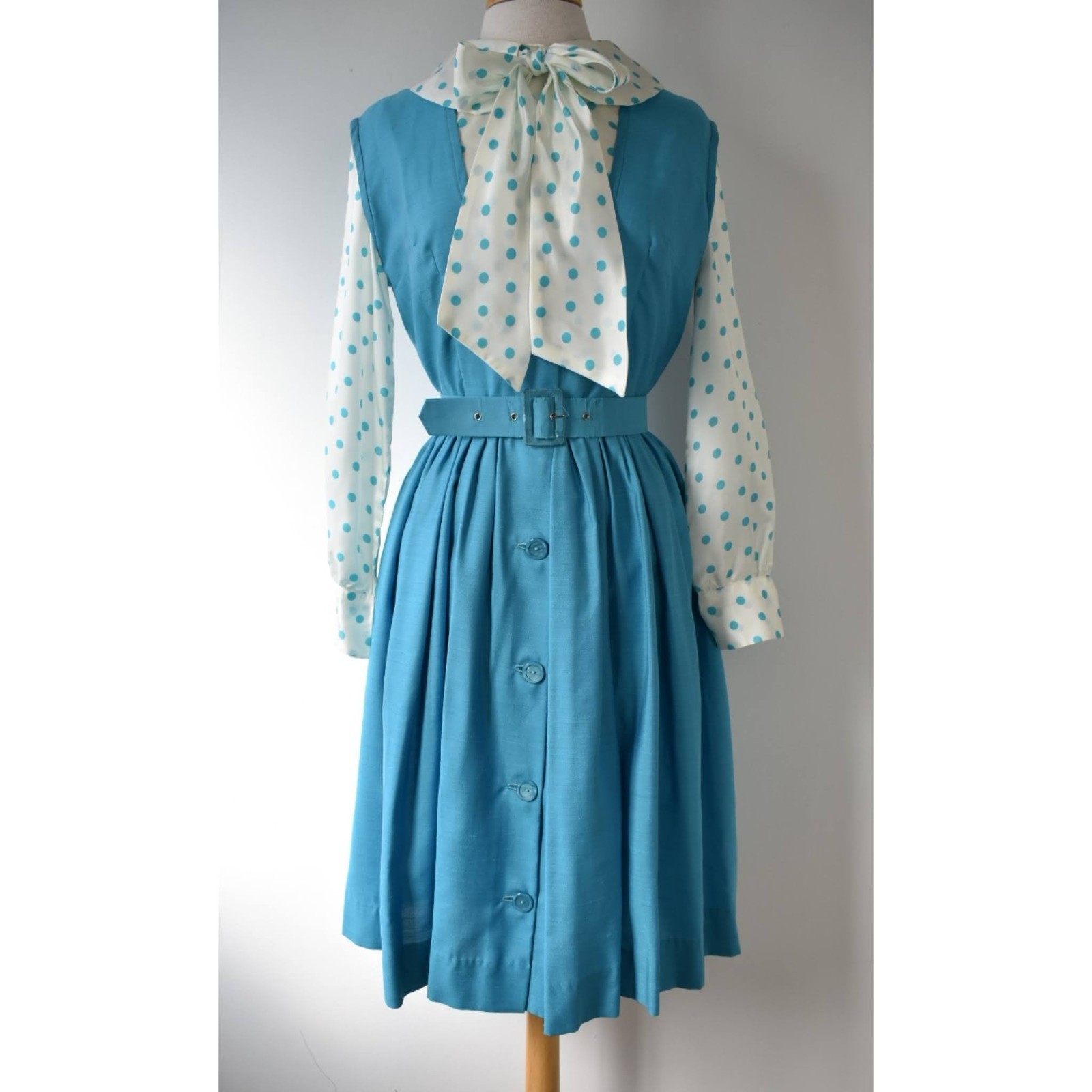 Vintage 1960s Handmade Blue Polka Dot Blouse and Pinafore Dress Set