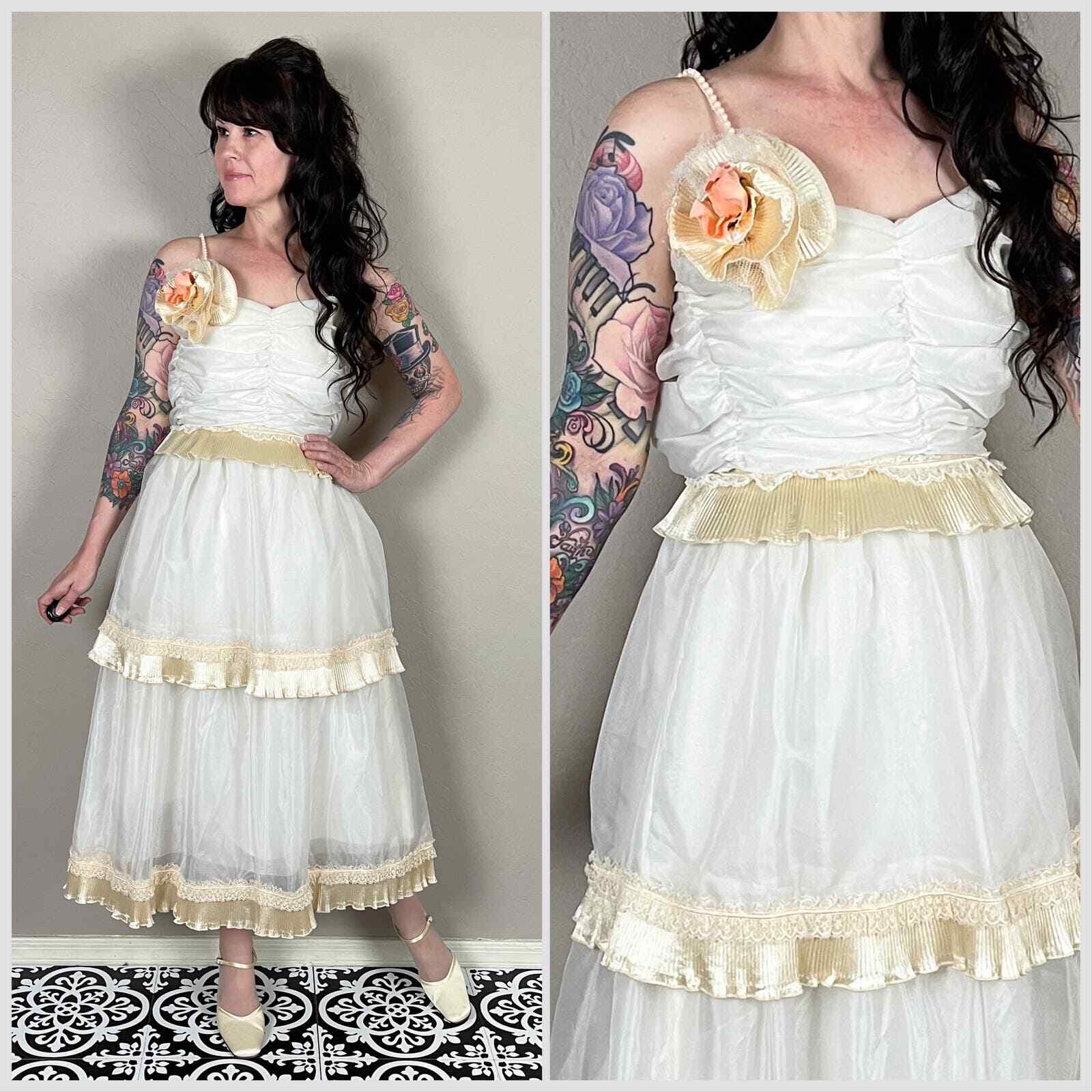 Vintage 1970s Ivory and Peach Chiffon Tiered Midi Dress – 24&Prime; Waist