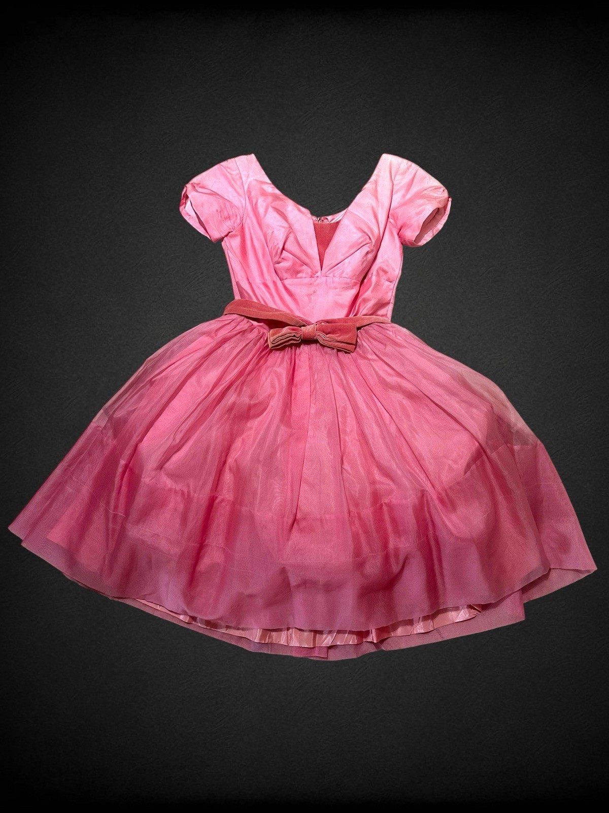 Vintage 1950&rsquo;s Pink Satin Tulle Velvet Formal Prom Dress With Veil Belt XS