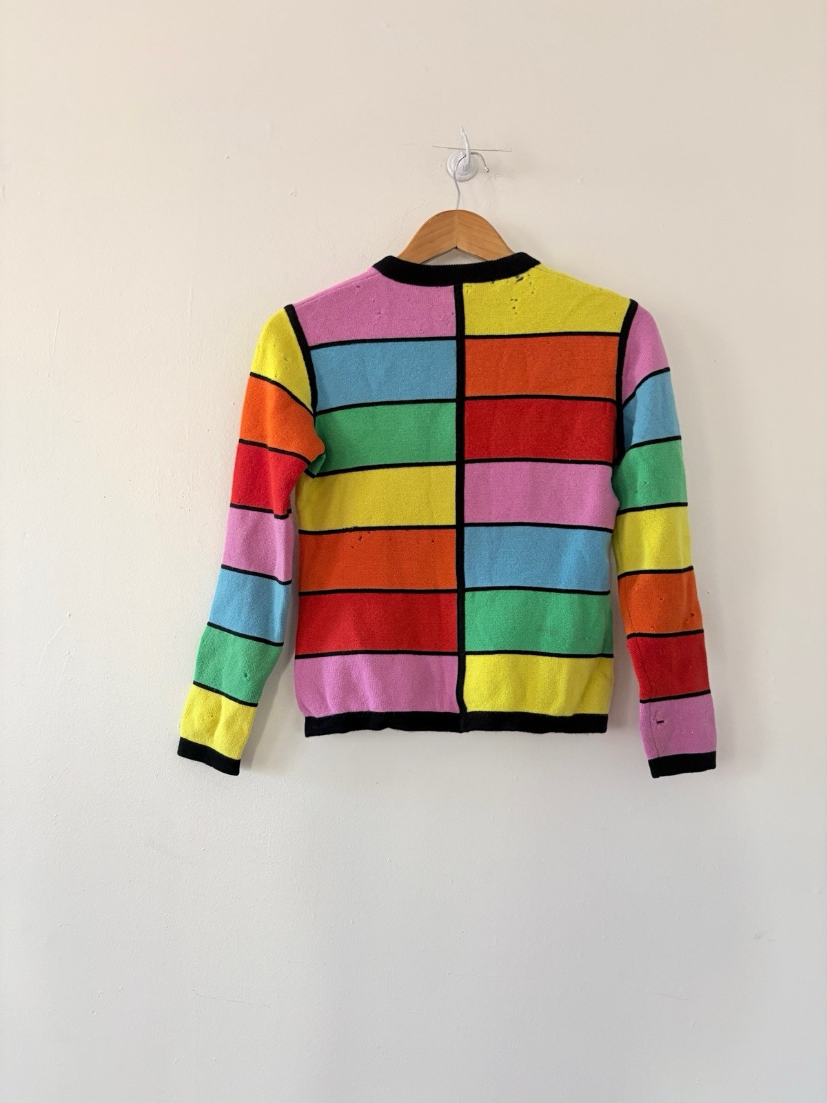 1960s Mod Geometric Color-Block Day Glo/Rainbow Wool Crewneck Sweater AS IS