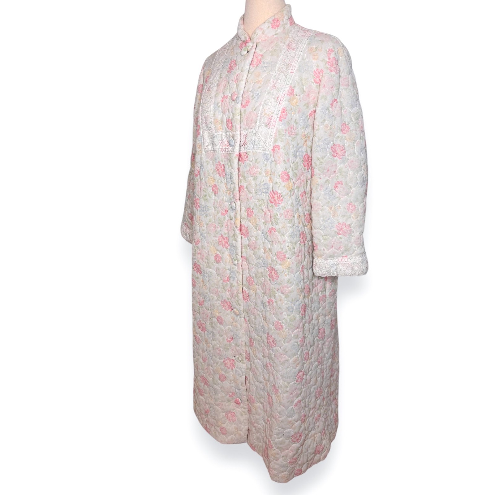 Vintage Sears At Home Wear Quilted Floral Button Front Ivory Pink Robe Housecoat