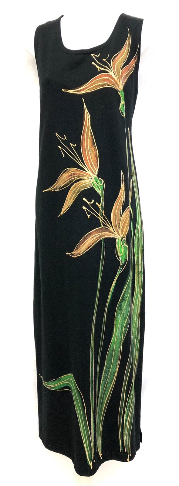 Vtg TYPHOONS by Melissa Size L Hand Painted Lily Metallic Tank Maxi Womens Dress