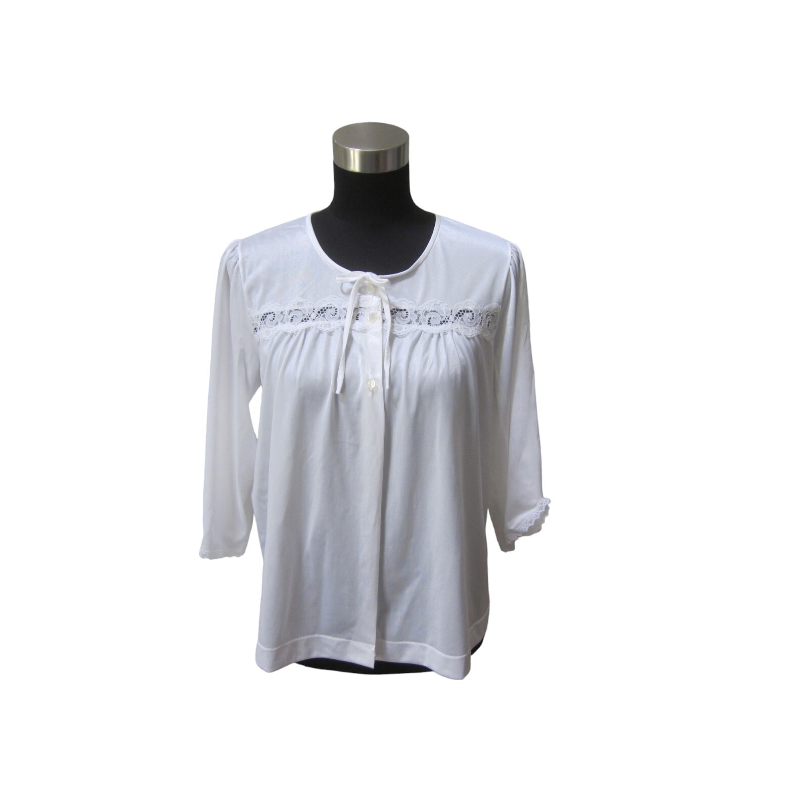 VTG JC PENNEY White 100% Nylon Bed Jacket w/ Lace Detail Sz M