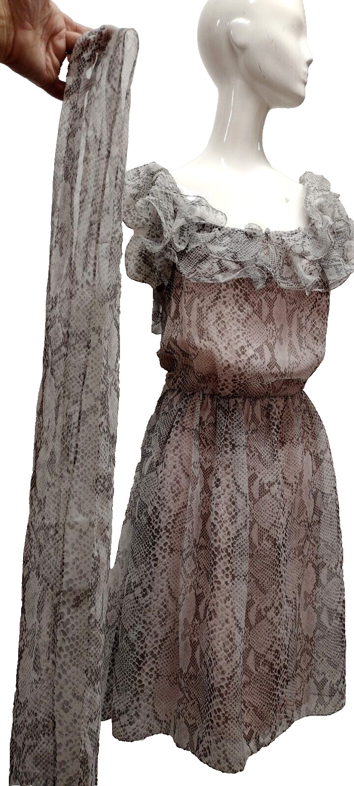 Vintage 80s Gray Snakeskin Chiffon Dress Ruffles Flamboyant Dolly Busty Size S/M